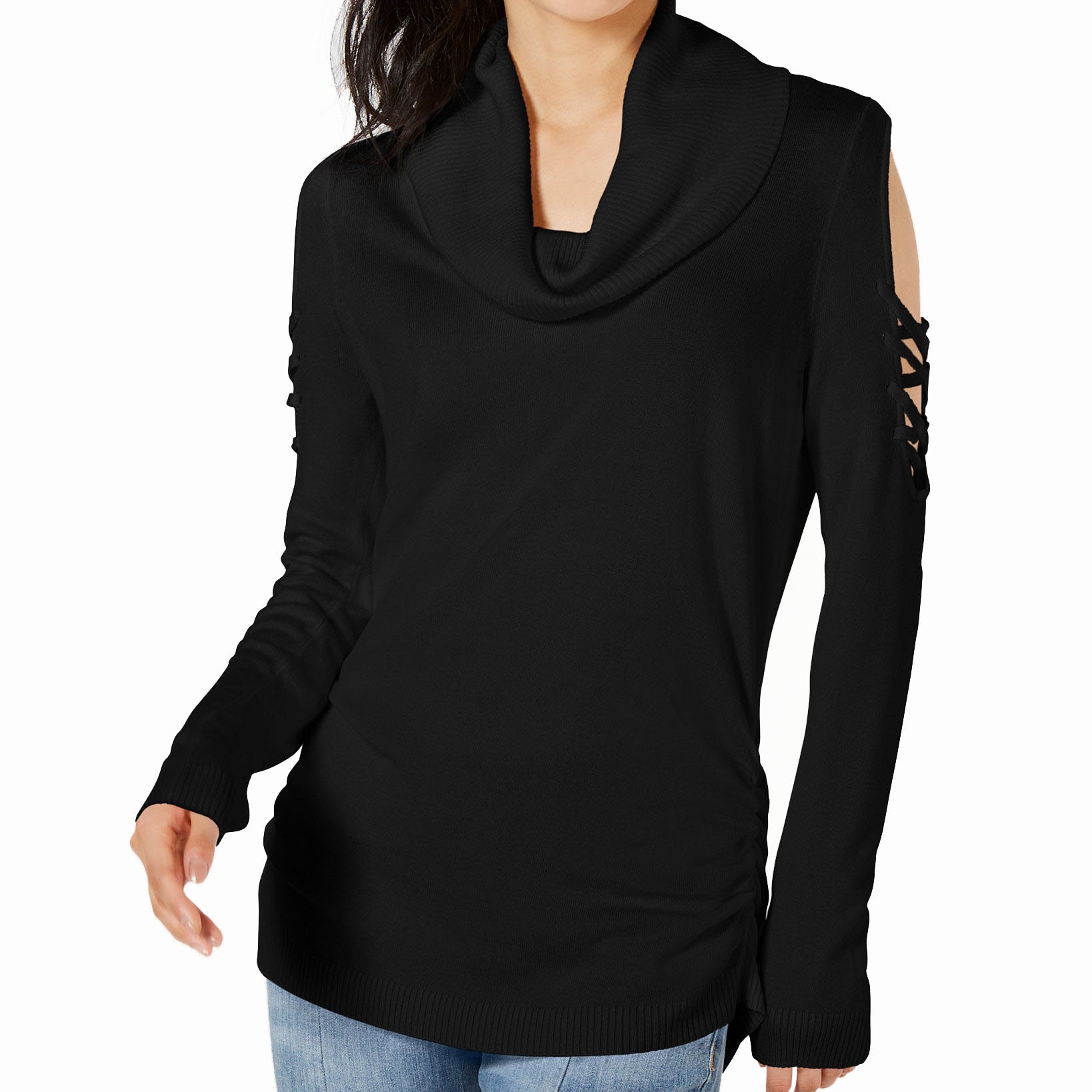 Hooked Up by IOT Cowlneck Cold Shoulder Sweater Black