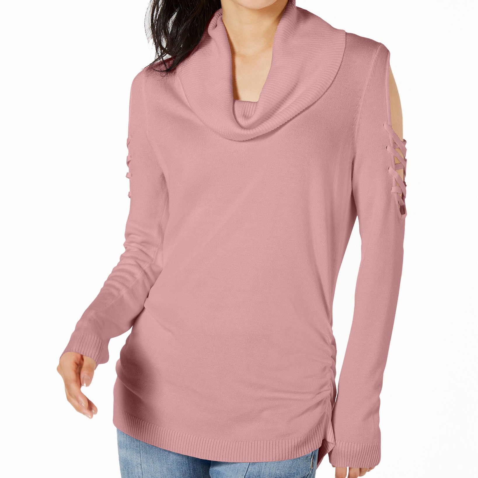 Hooked Up by IOT Cowlneck Cold Shoulder Sweater Destry Rose
