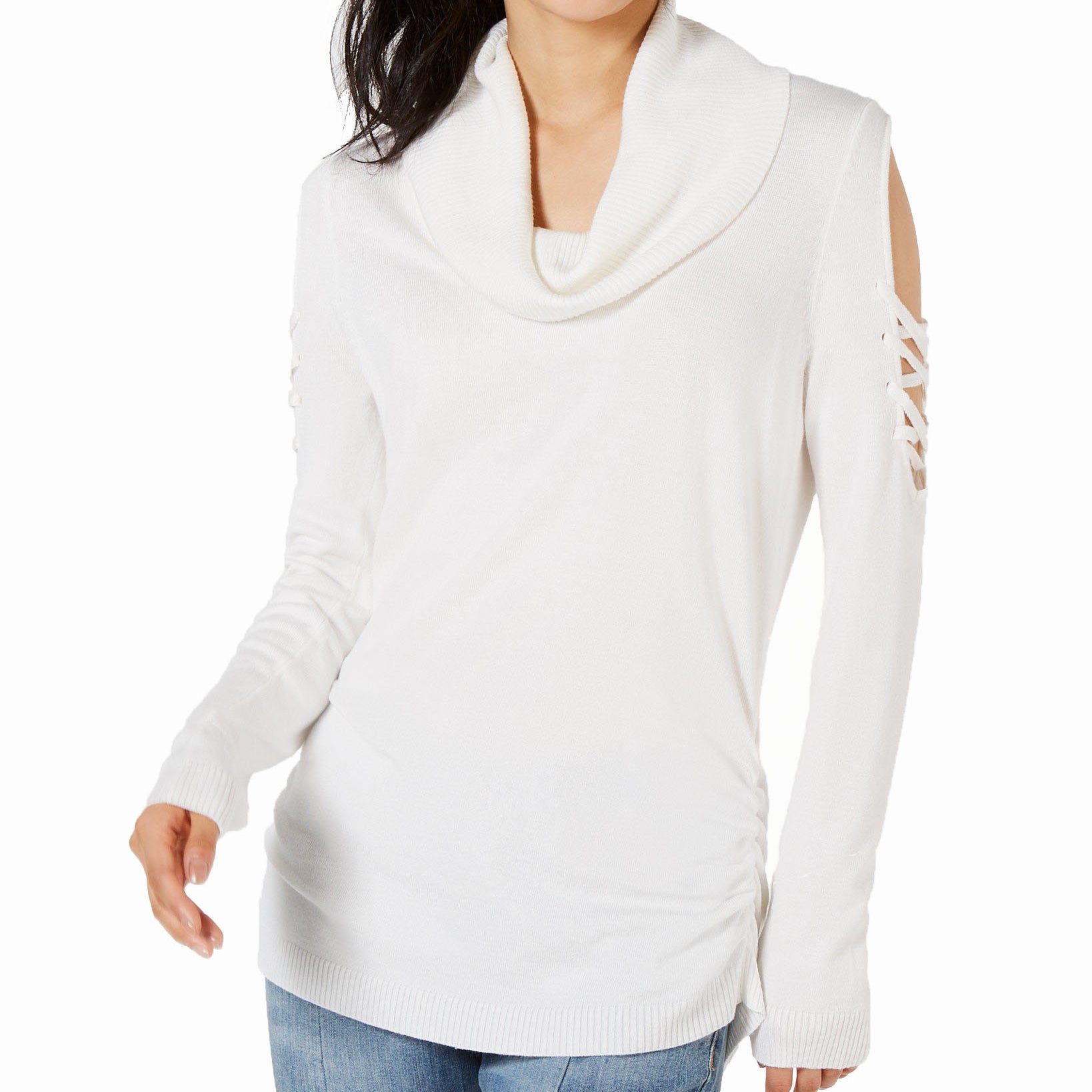 Hooked Up by IOT Cowlneck Cold Shoulder Sweater Vanilla