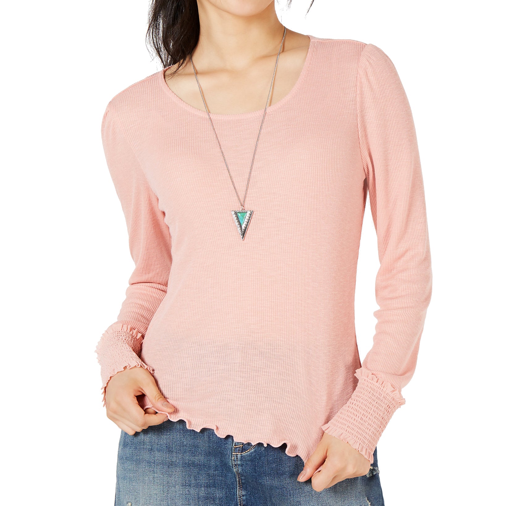 American Rag Smocked Cuff Rib Knit Top Peach Beige