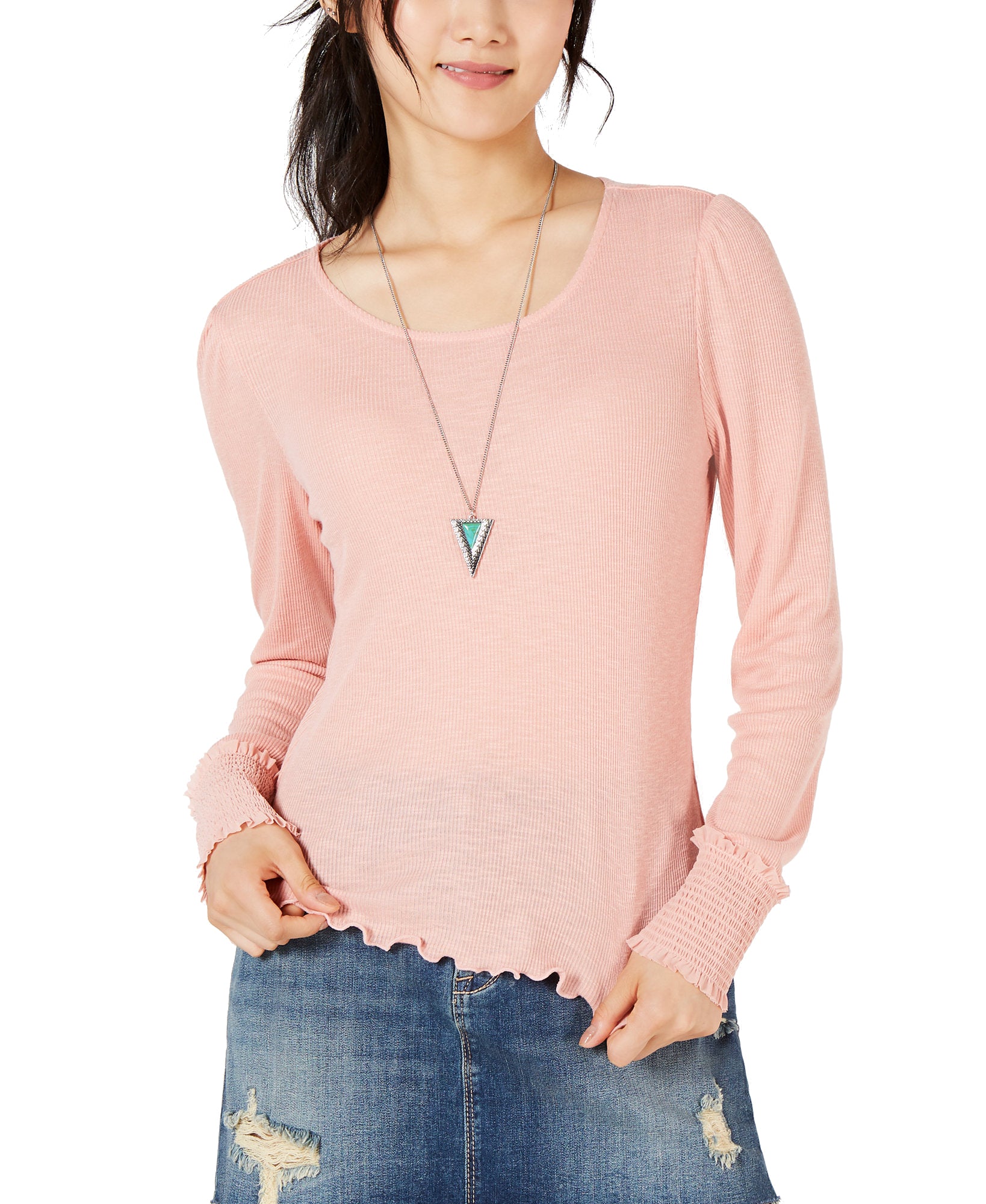 American Rag Smocked Cuff Rib Knit Top Peach Beige
