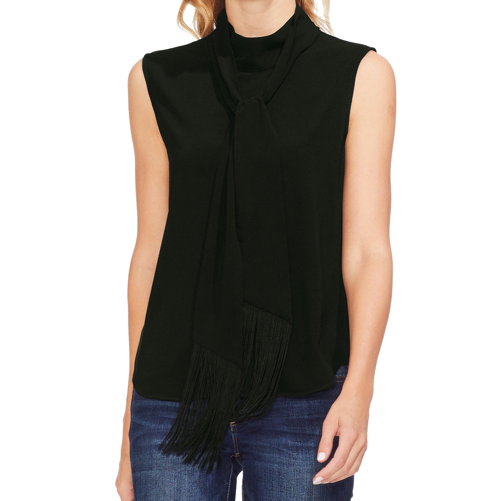 Vince Camuto Women Mock Neck Fringed Scarf Top Rich Black