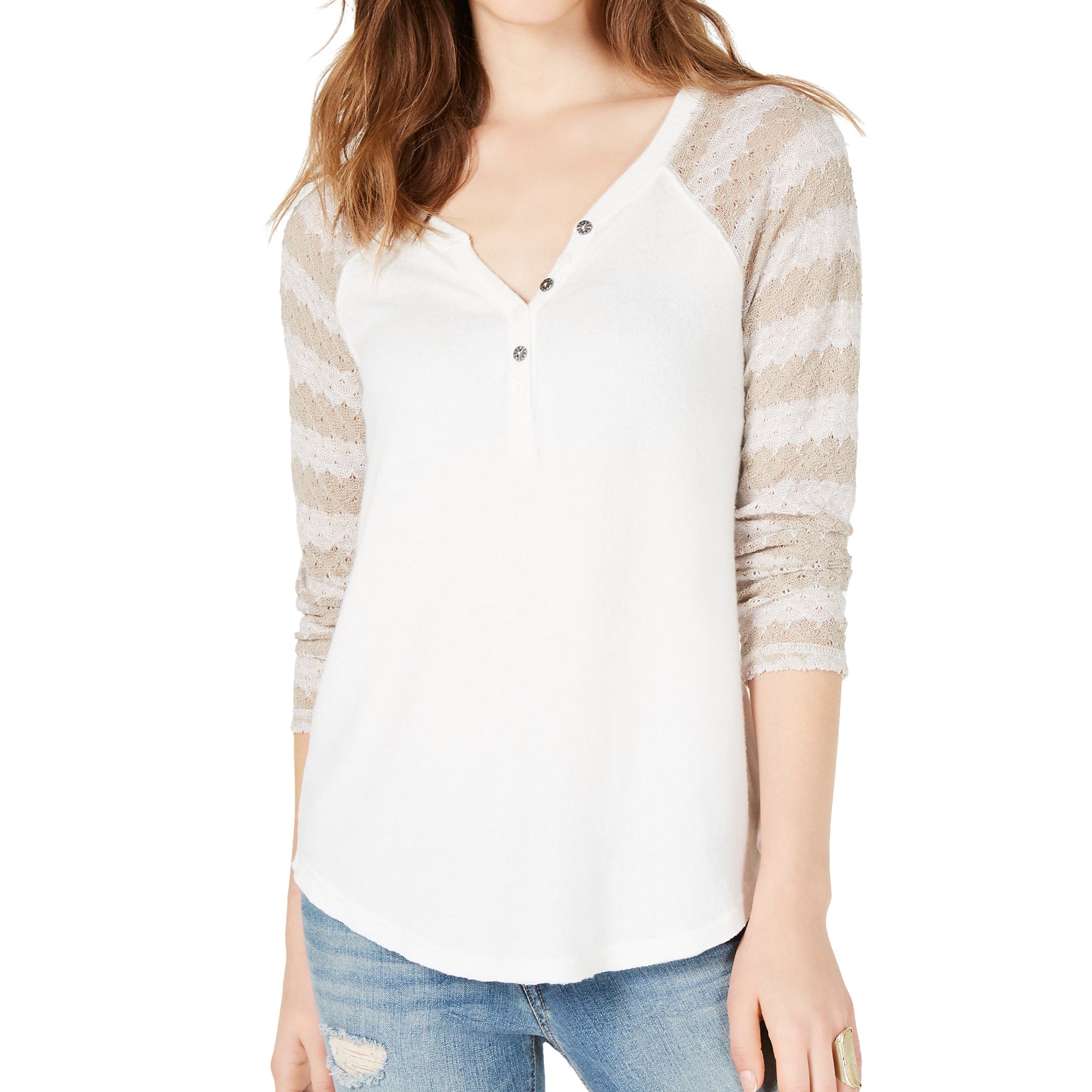 American Rag Crochet Sleeve Henley Top Egret