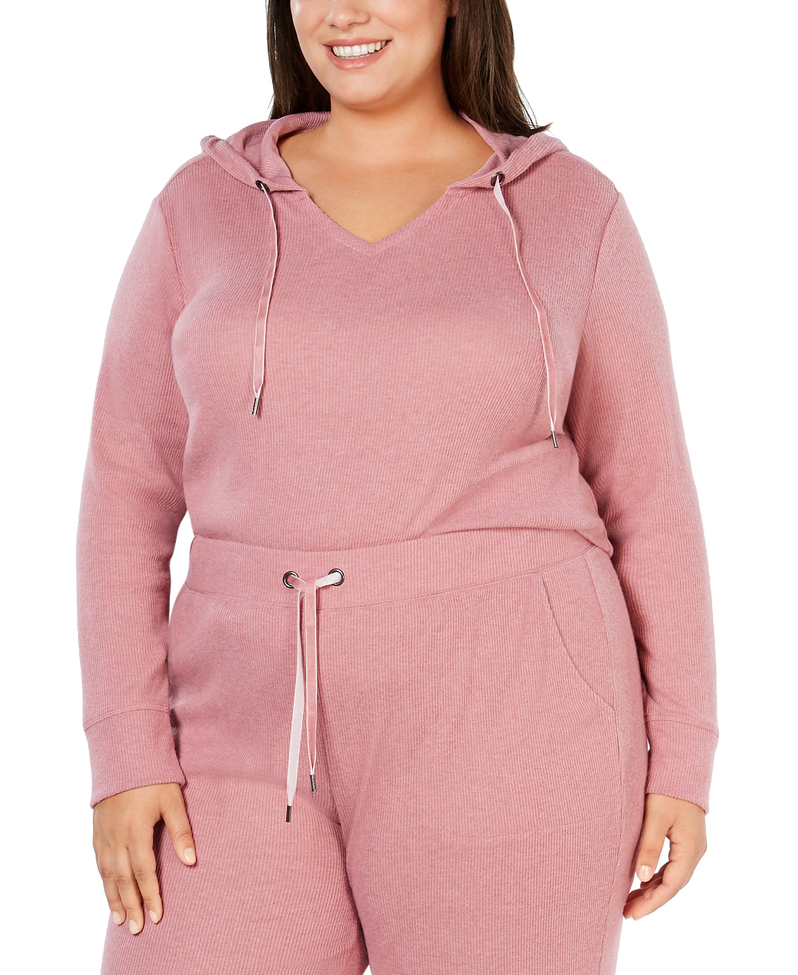Alfani Women Plus Ribbed Soft Knit Hoodie Mesa Rose