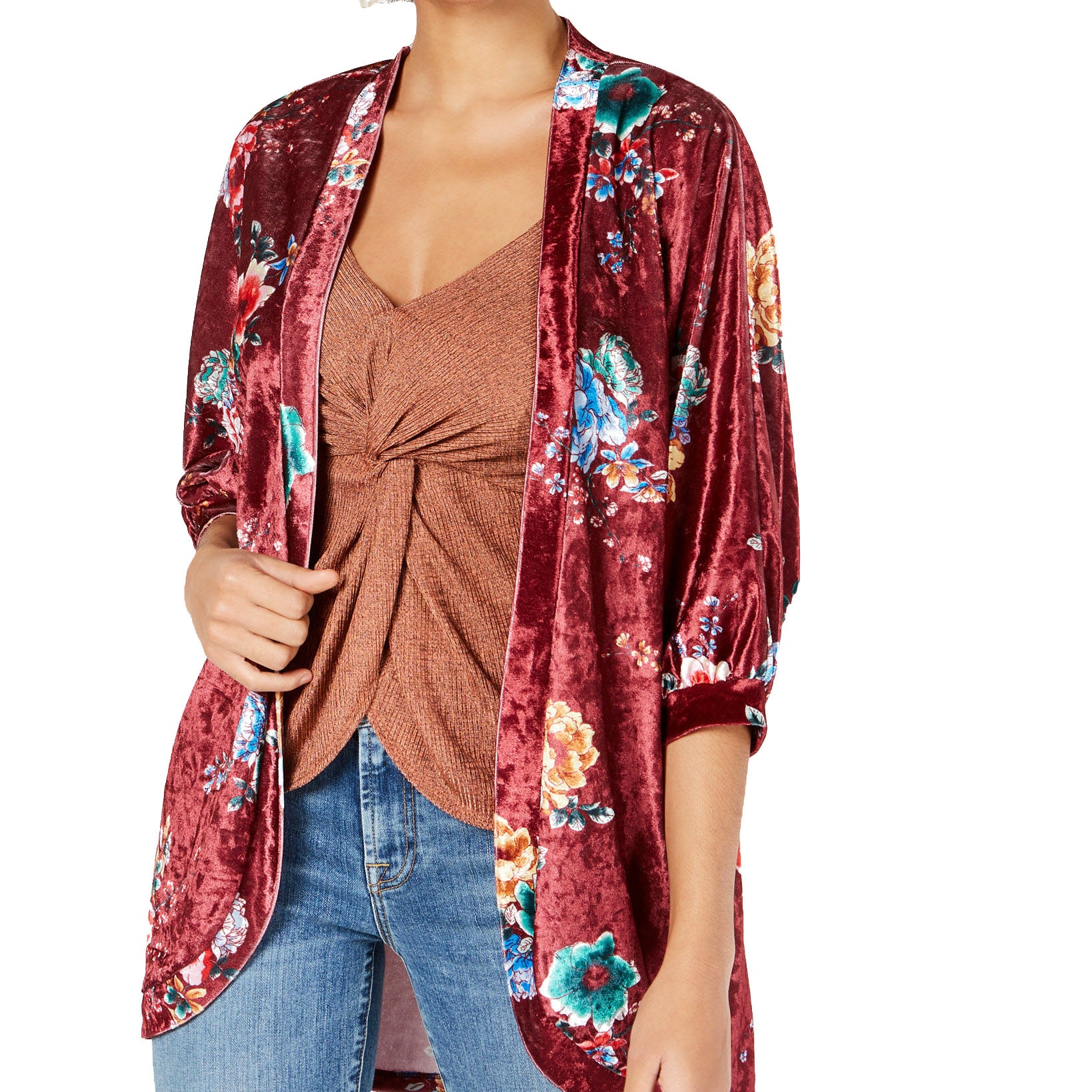 PROJECT 28 Women Printed Crushed Velvet Kimono Wine Floral
