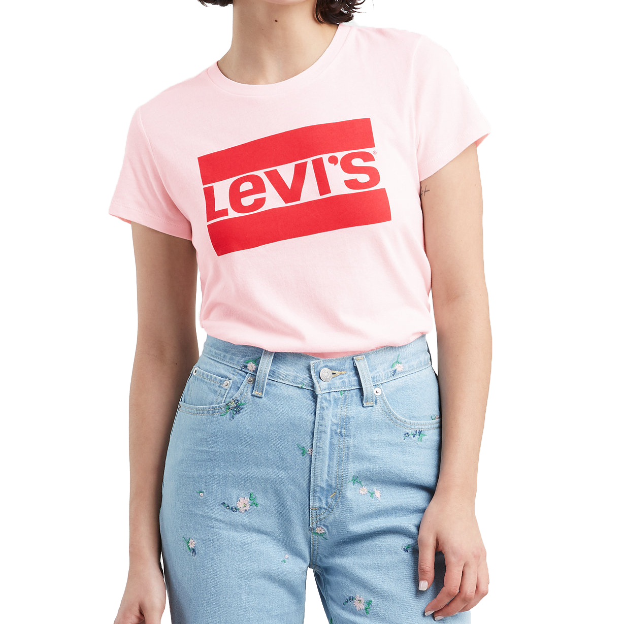 Levis Women Womens Flocked Logo Print T Shirt Pink