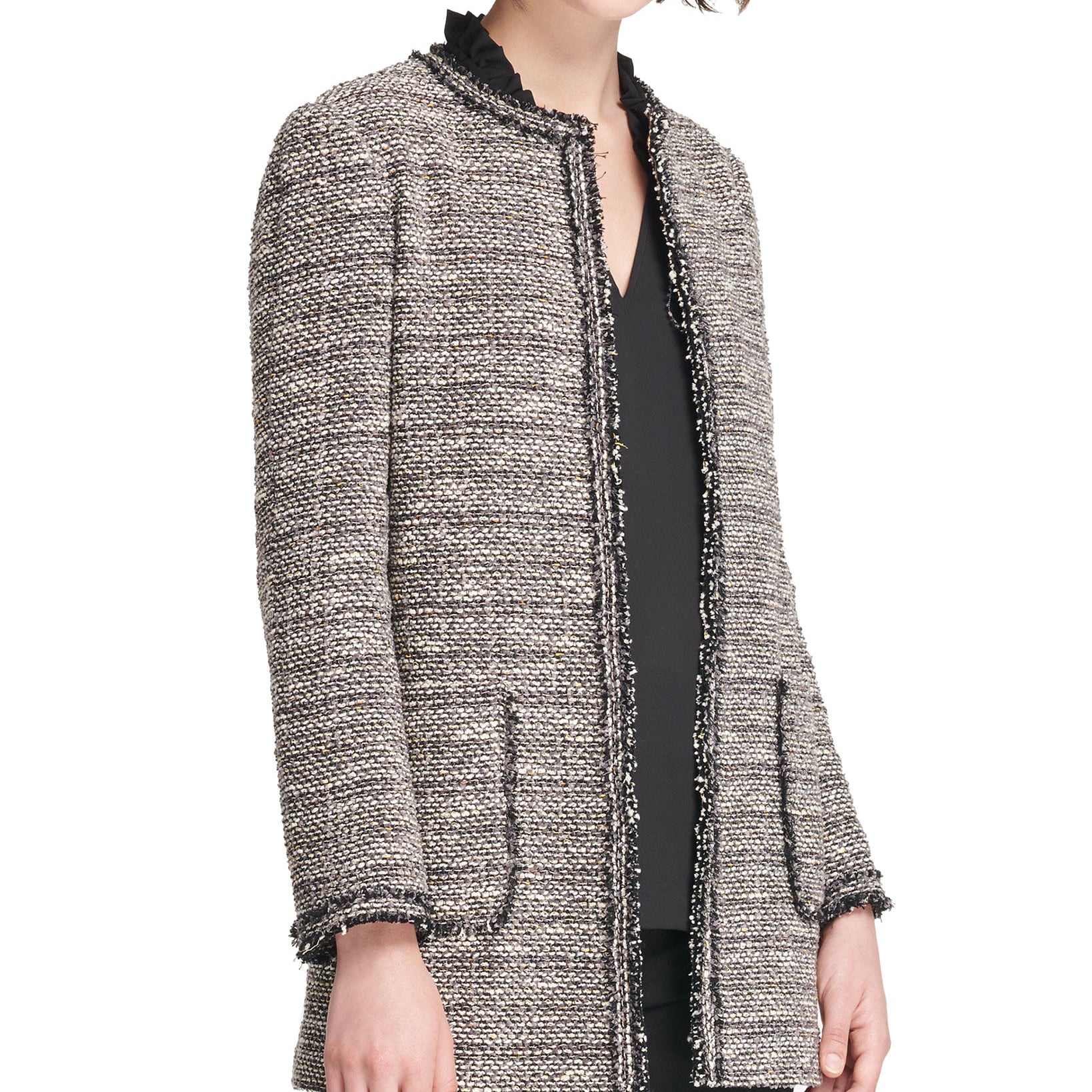DKNY Women Tweed Long Open Front Jacket Black Multi