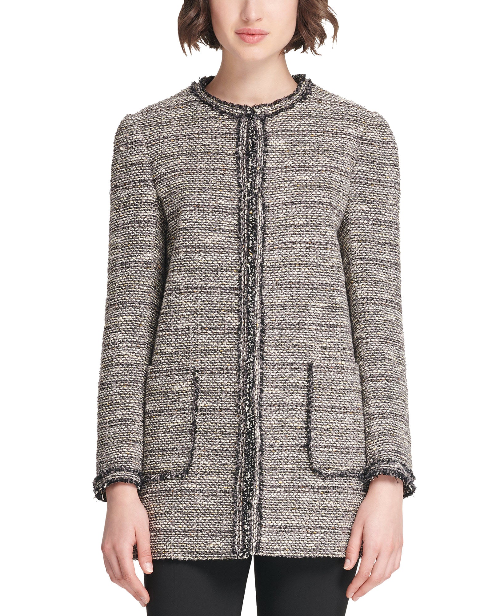 DKNY Women Tweed Long Open Front Jacket