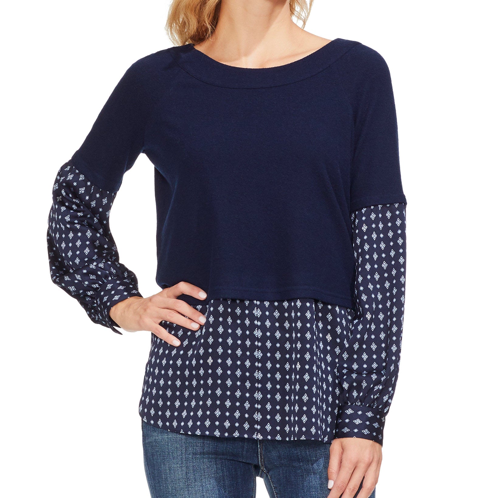 Vince Camuto Women Mixed Media Boat Neck Top Classic Navy