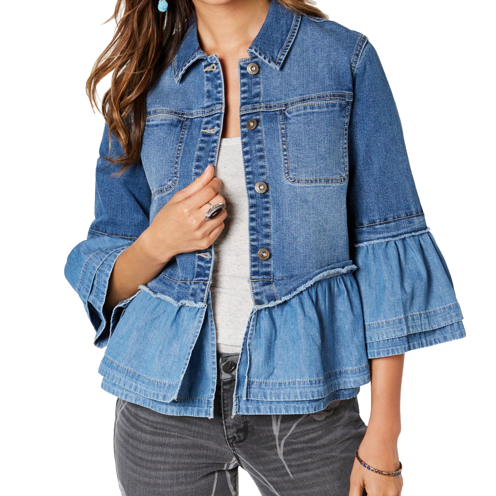Style & Co Women Ruffled Denim Jacket