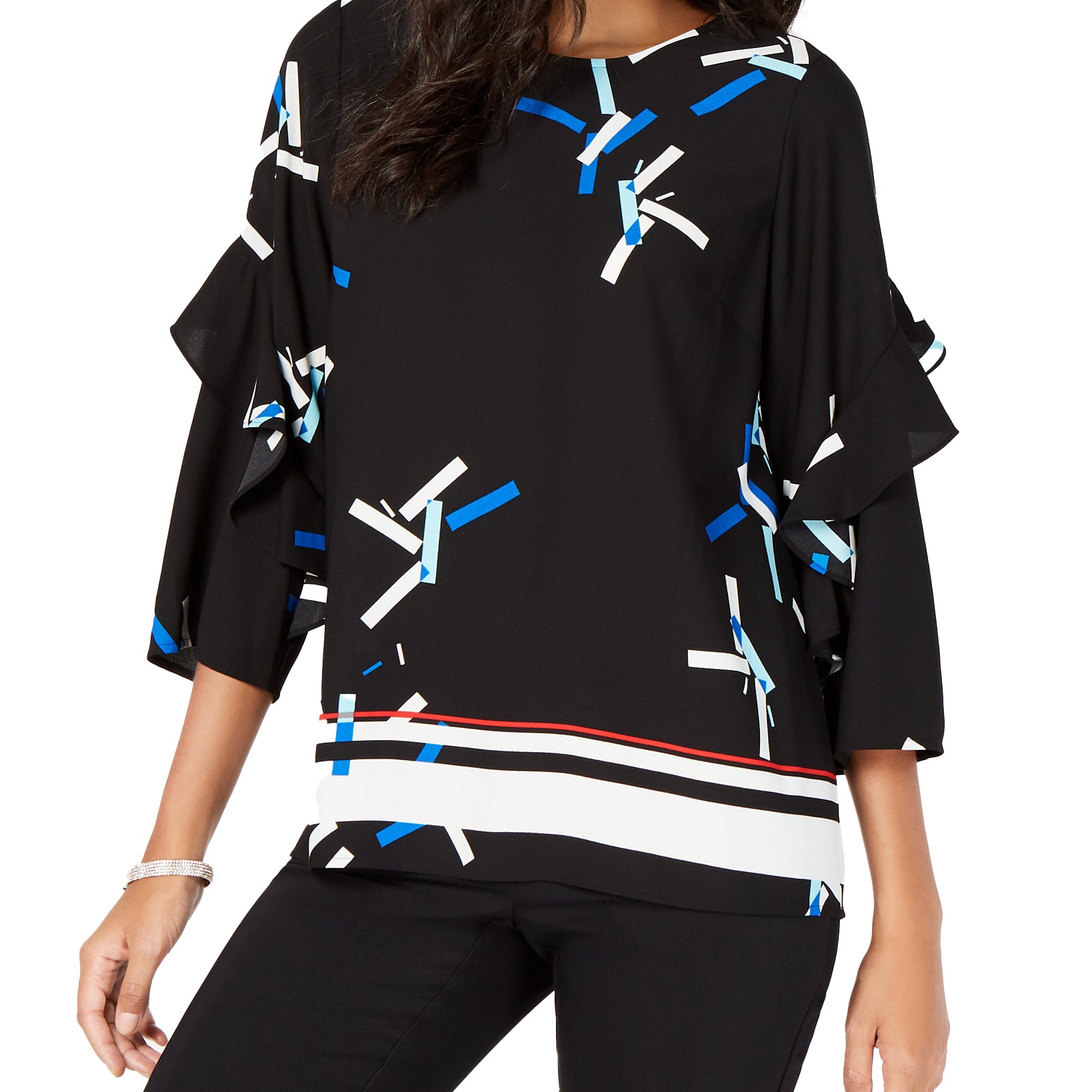 Alfani Women Printed Ruffled Sleeve Zip Back Top Black Pick Up Stix