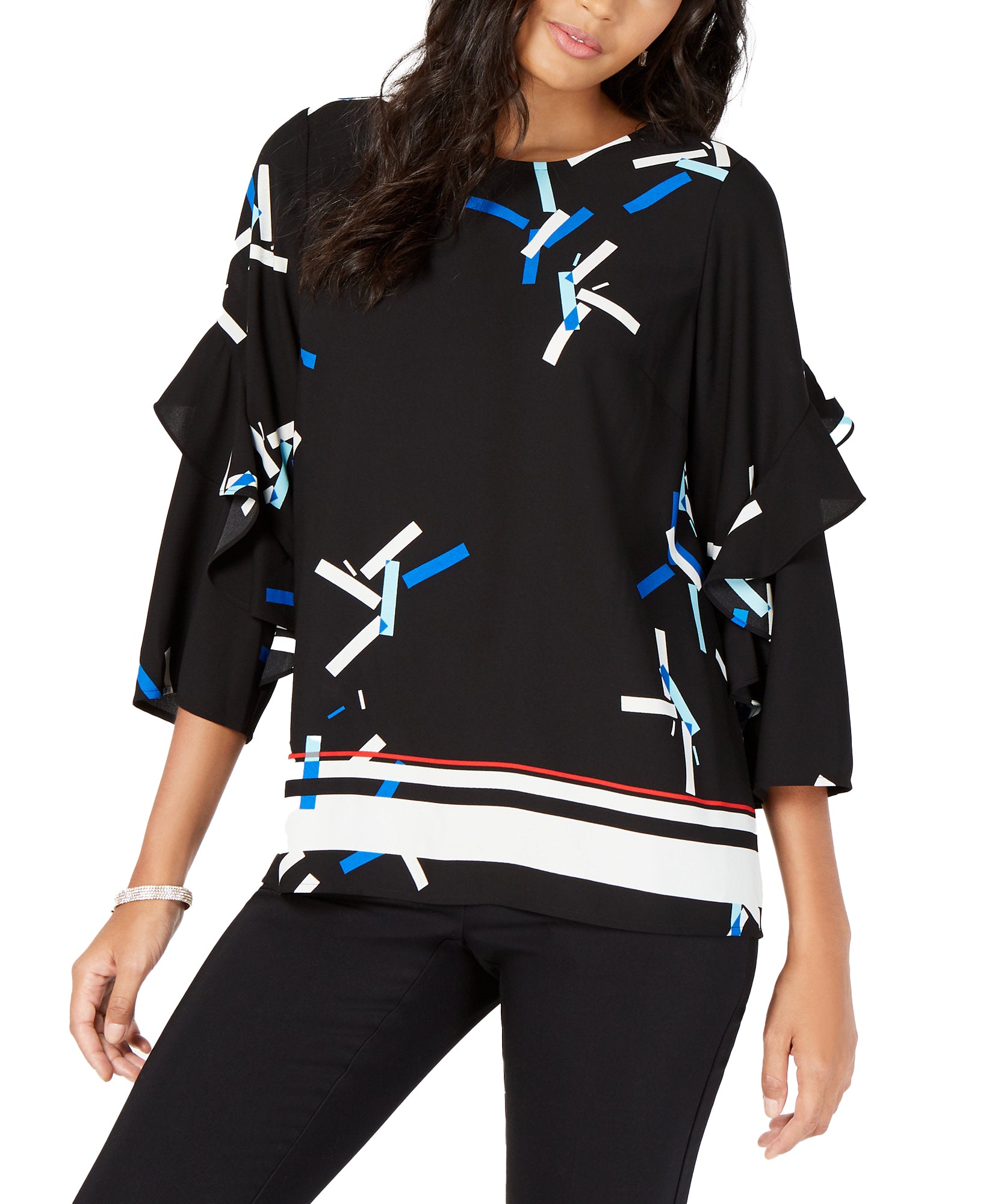 Alfani Women Printed Ruffled Sleeve Zip Back Top Black Pick Up Stix