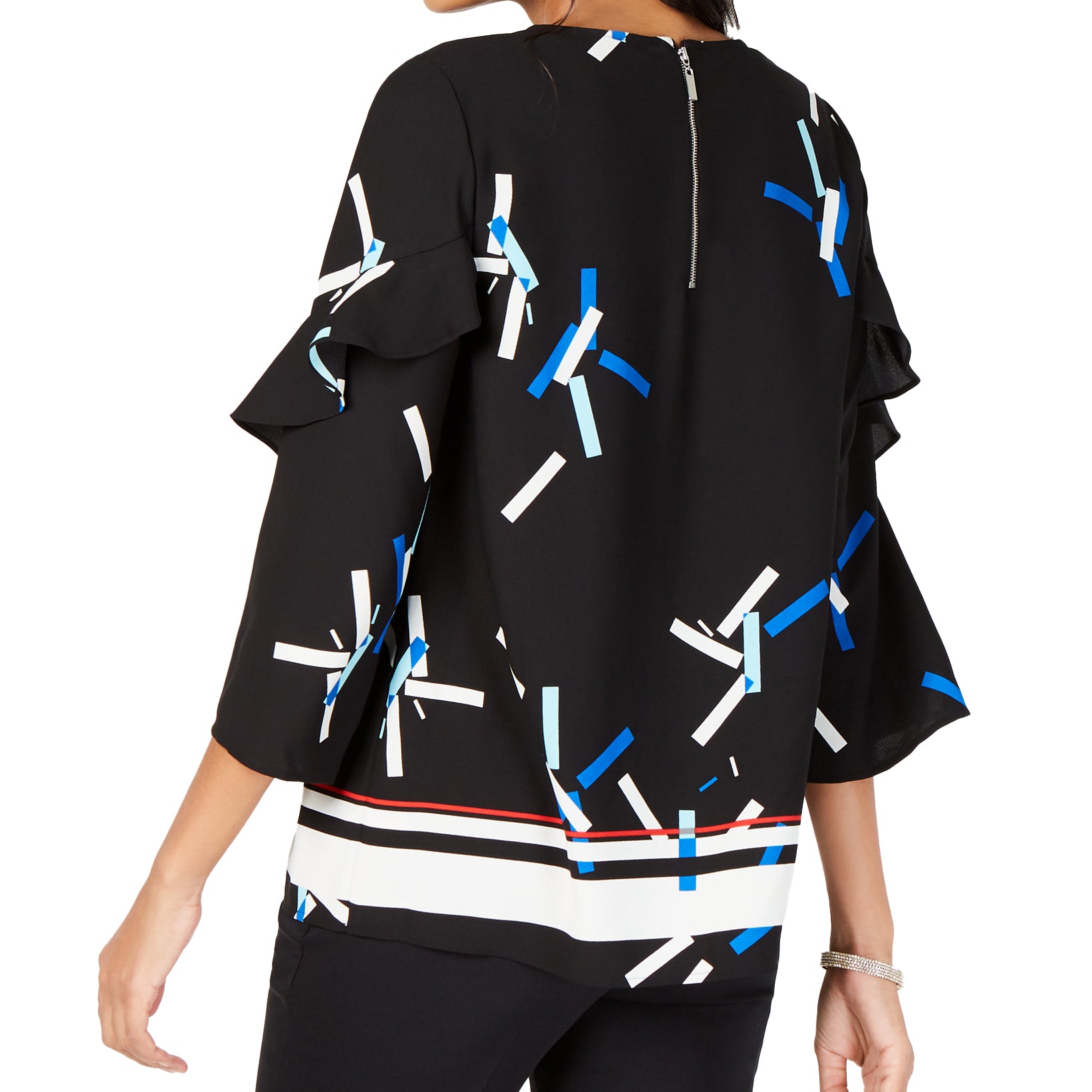Alfani Women Printed Ruffled Sleeve Zip Back Top