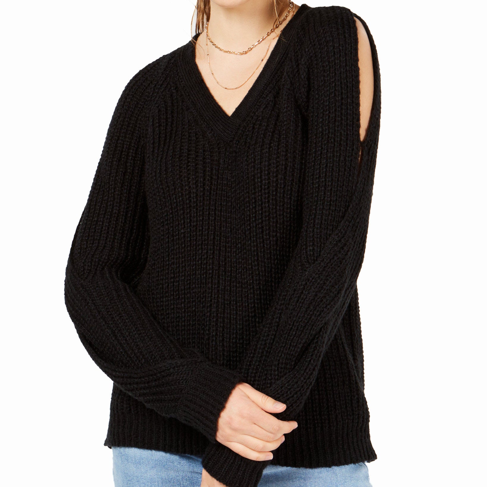 Crave Fame Juniors V Neck Twisted Long Sleeve Sweater Black