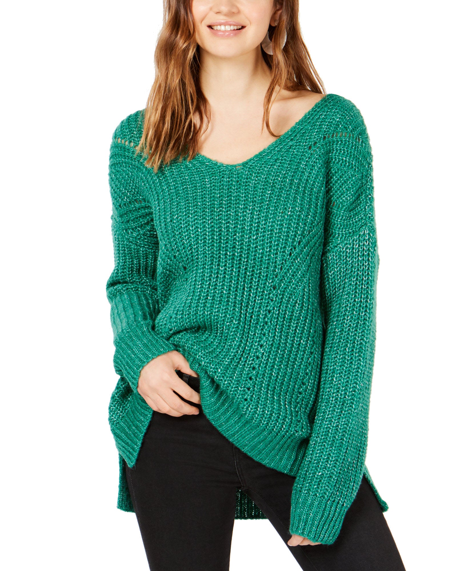 Hippie Rose Crisscross Back Pointelle Sweater Green Beach