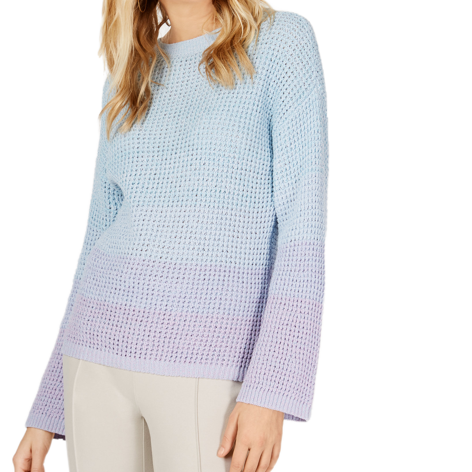 INC International Concepts Women Dip Dye Bell Sleeve Sweater Blue Seashell