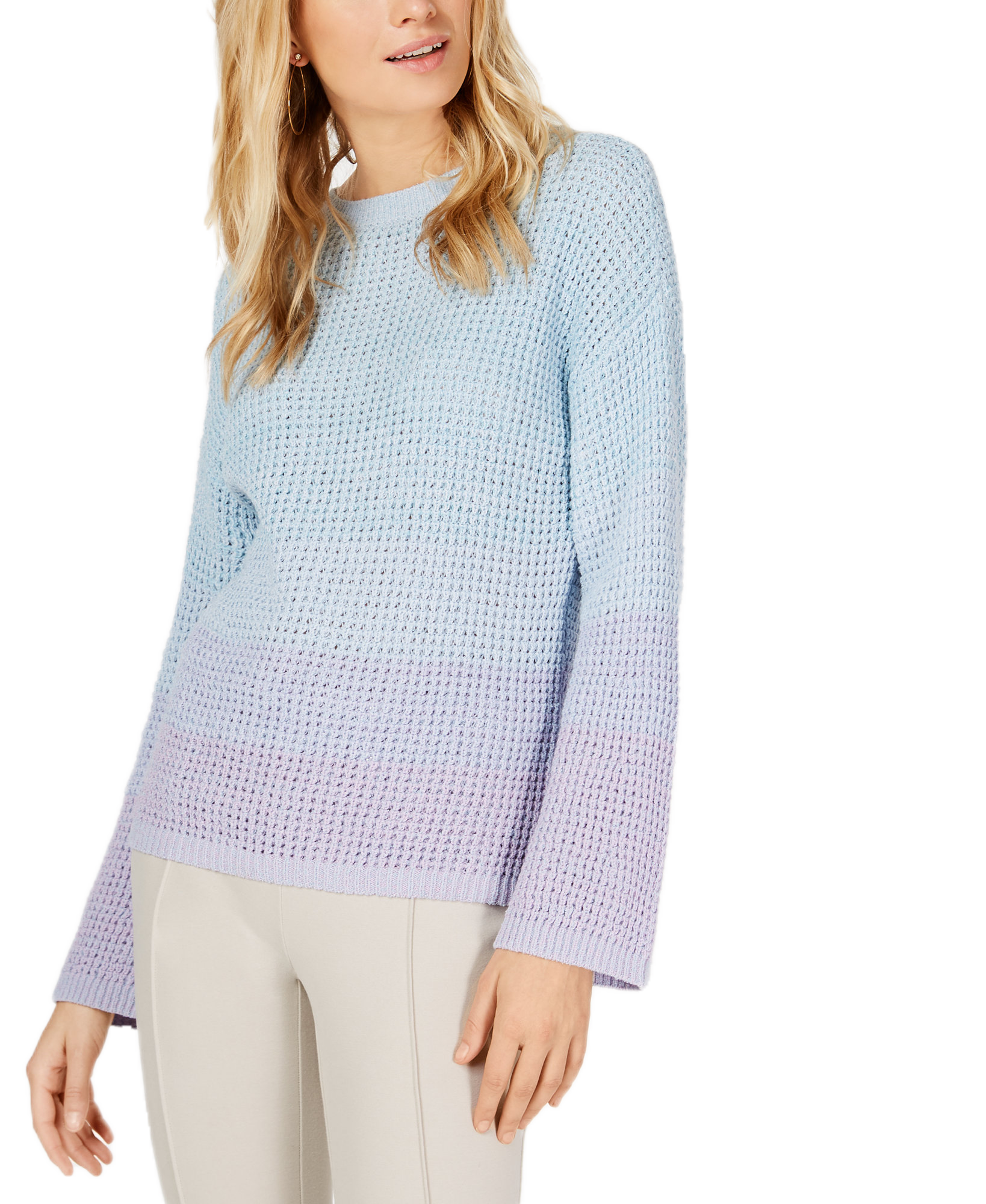 INC International Concepts Women Dip Dye Bell Sleeve Sweater Blue Seashell
