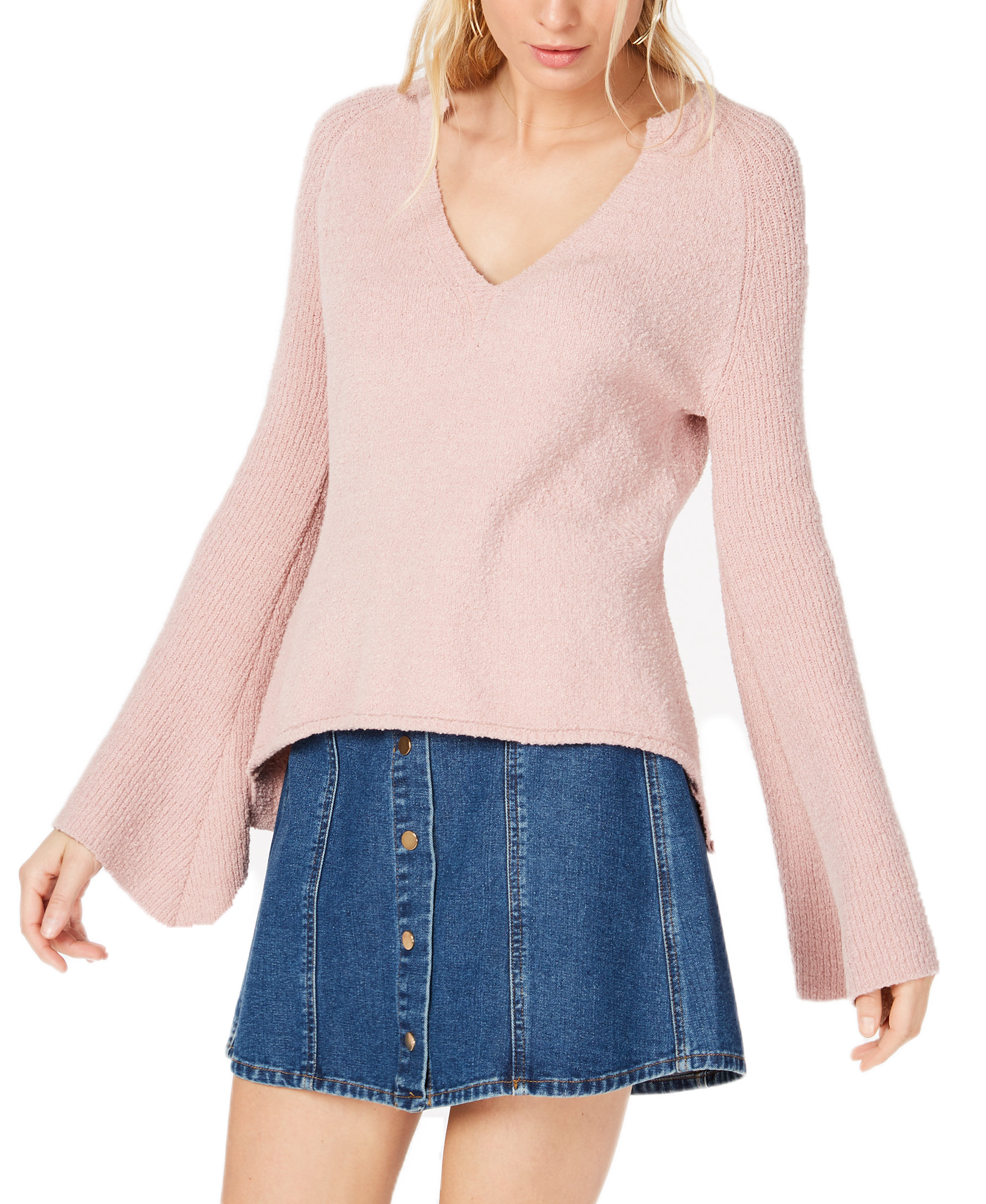 INC International Concepts Women Textured Bell Sleeve Sweater Pale Mauve