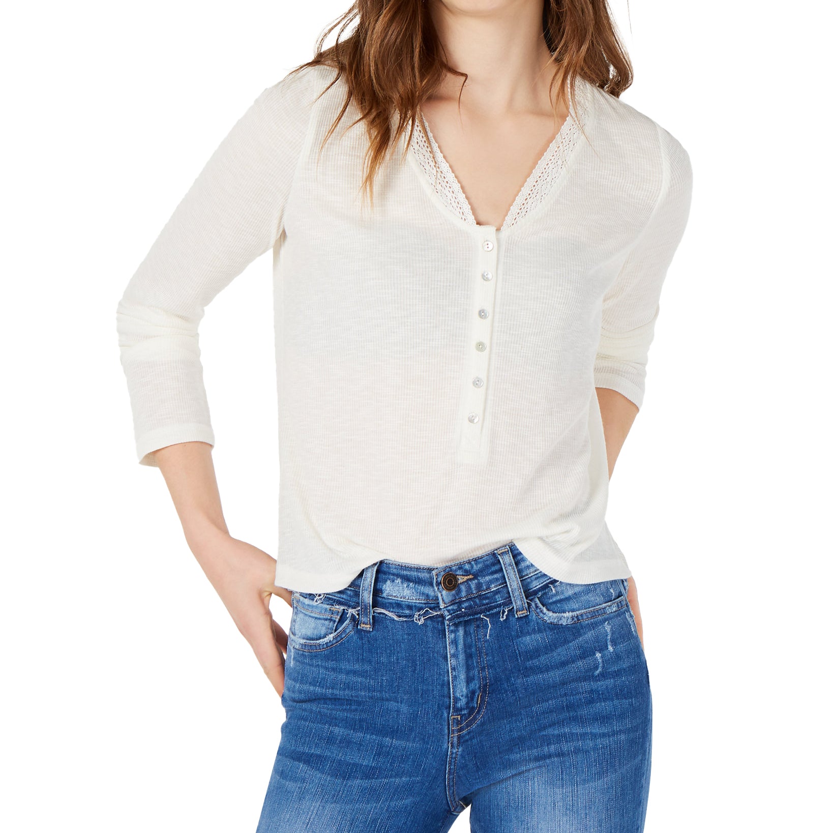 American Rag Crochet Trimmed Rib Knit Henley Top Egret