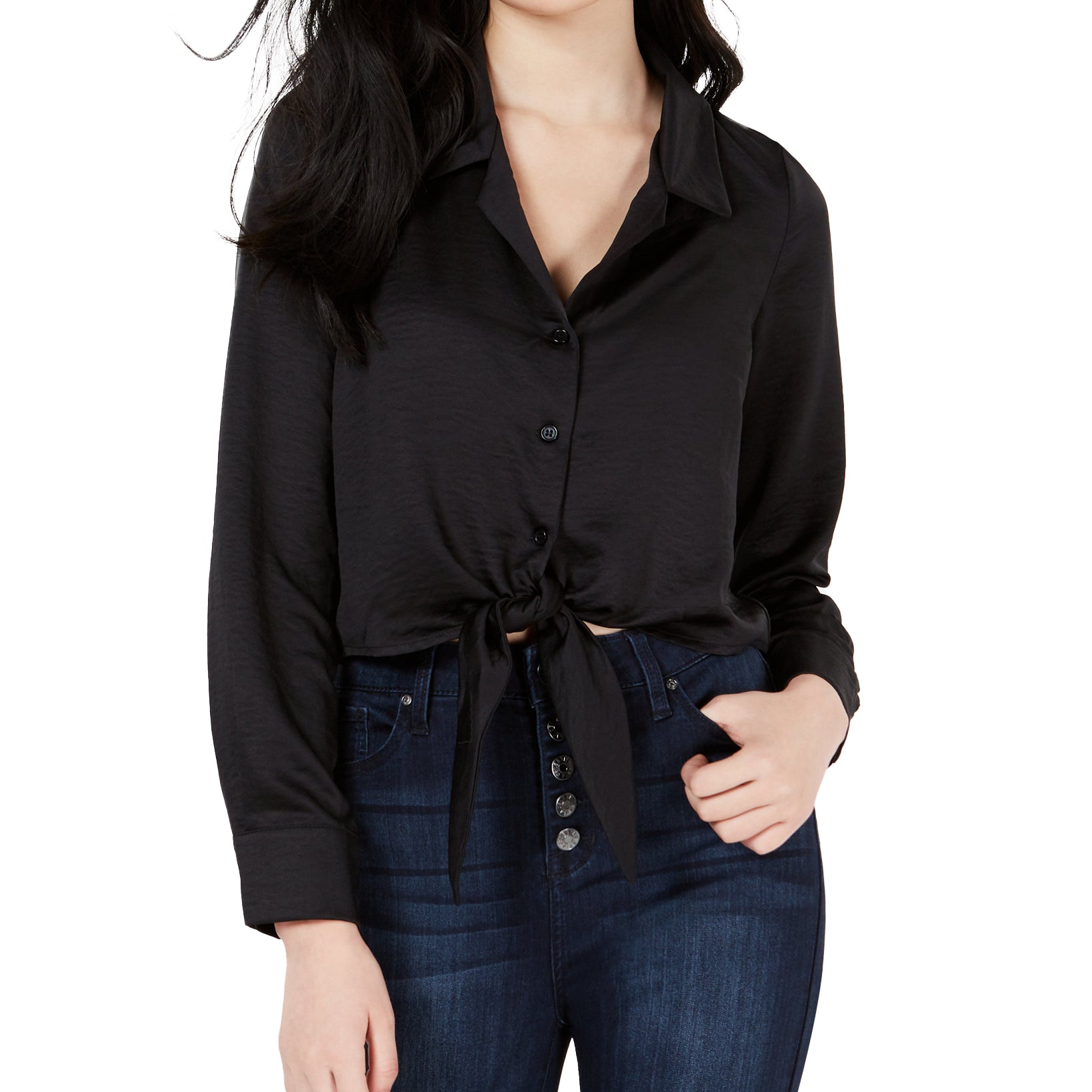 Love, Fire Women Button Front Tie Hem Shirt Black