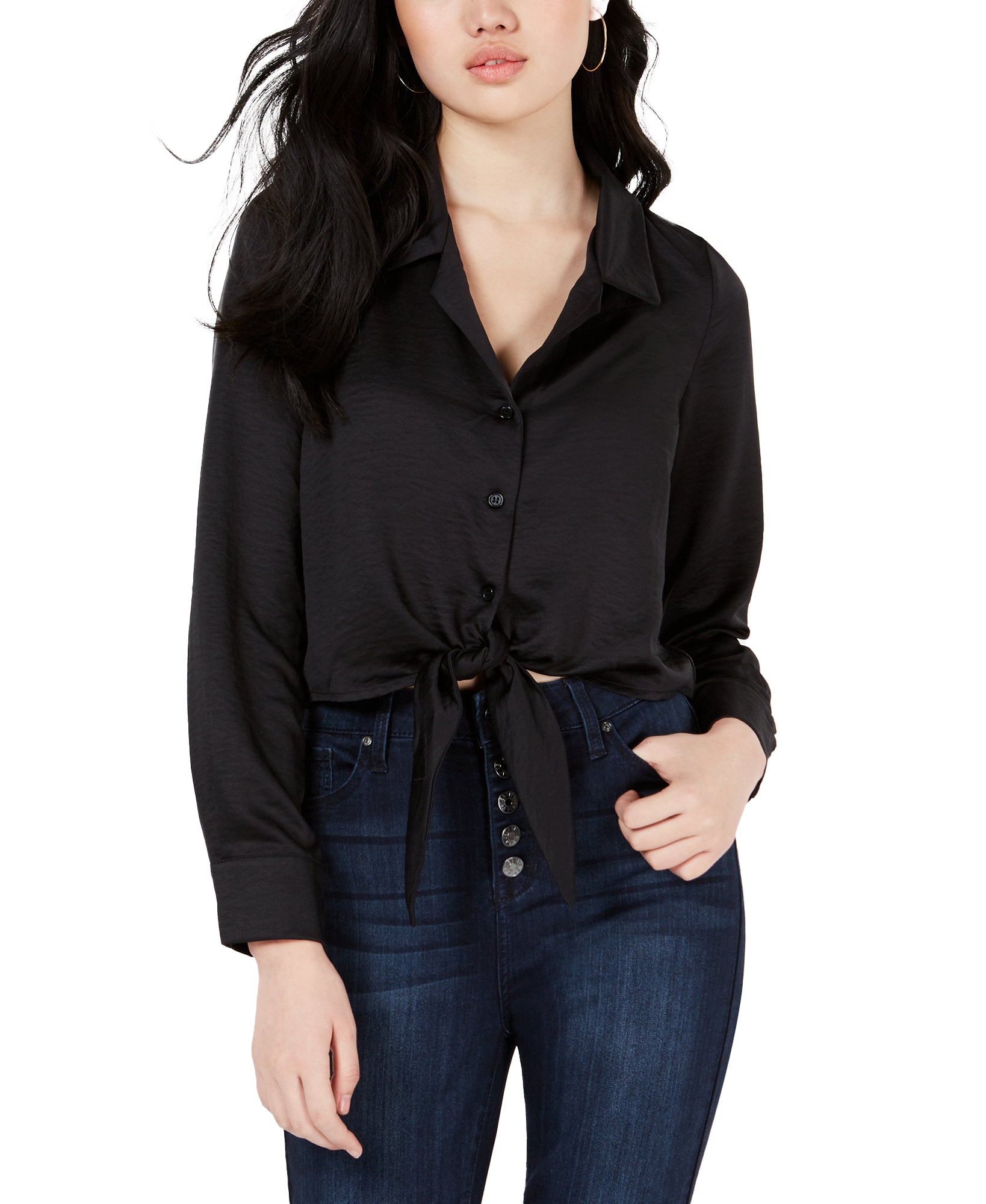 Love, Fire Women Button Front Tie Hem Shirt Black