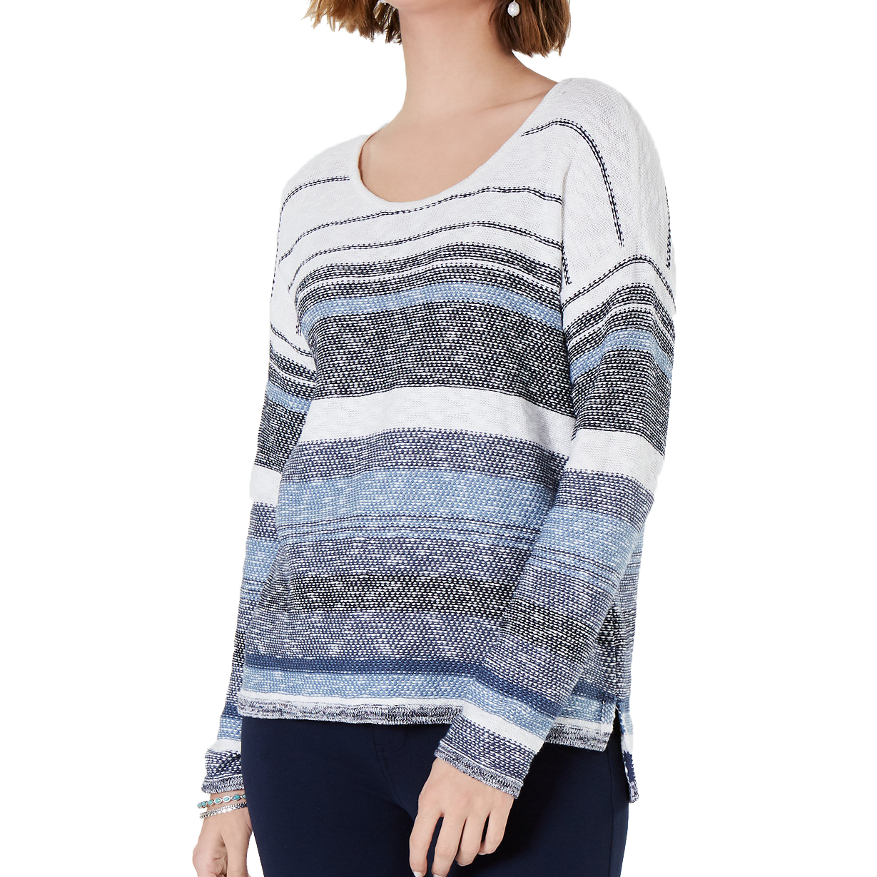 Style & Co Women Striped Drop Shoulder Sweater Blue Combo