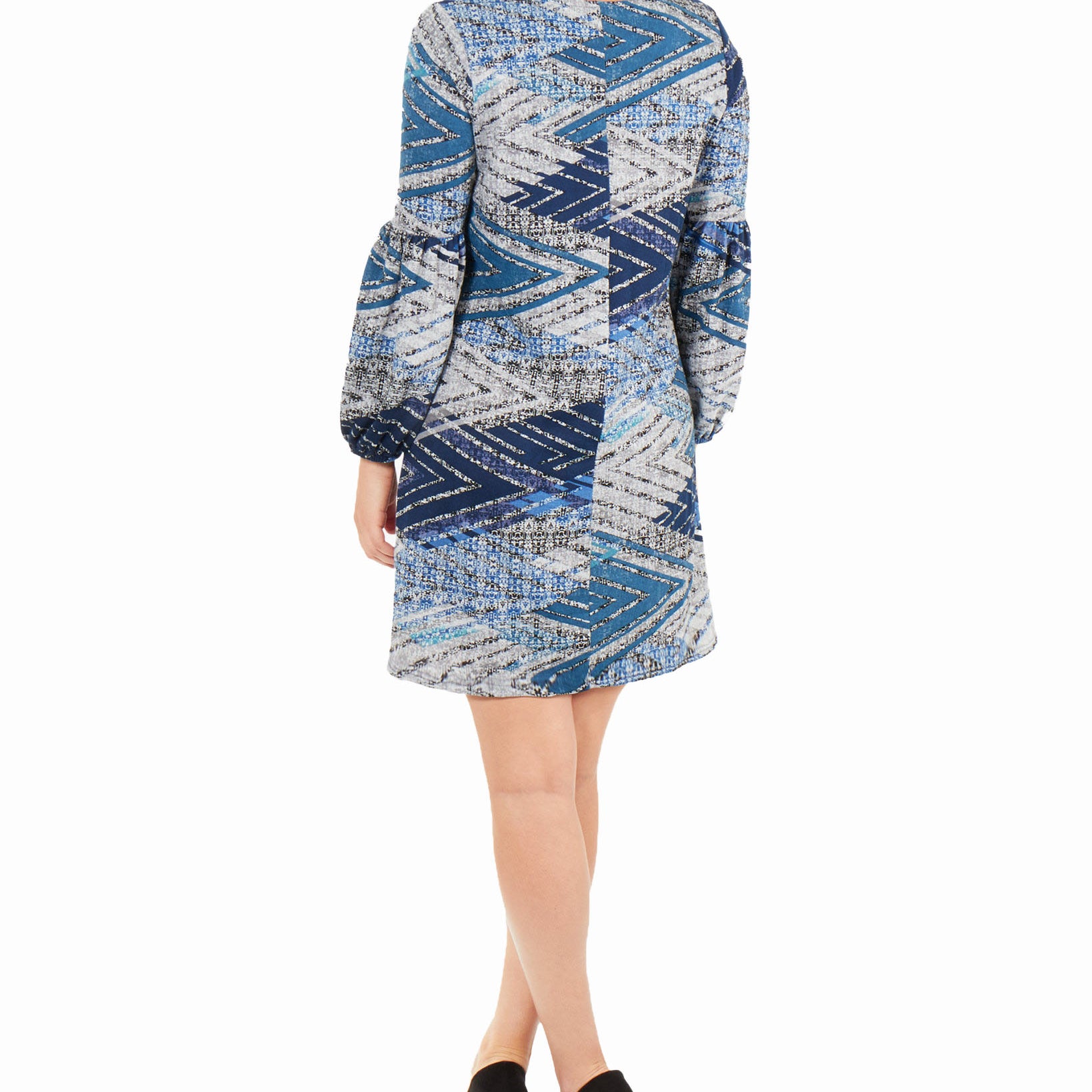 NY Collection Women Petite Printed Lattice Neck Dress Blue Junjinight