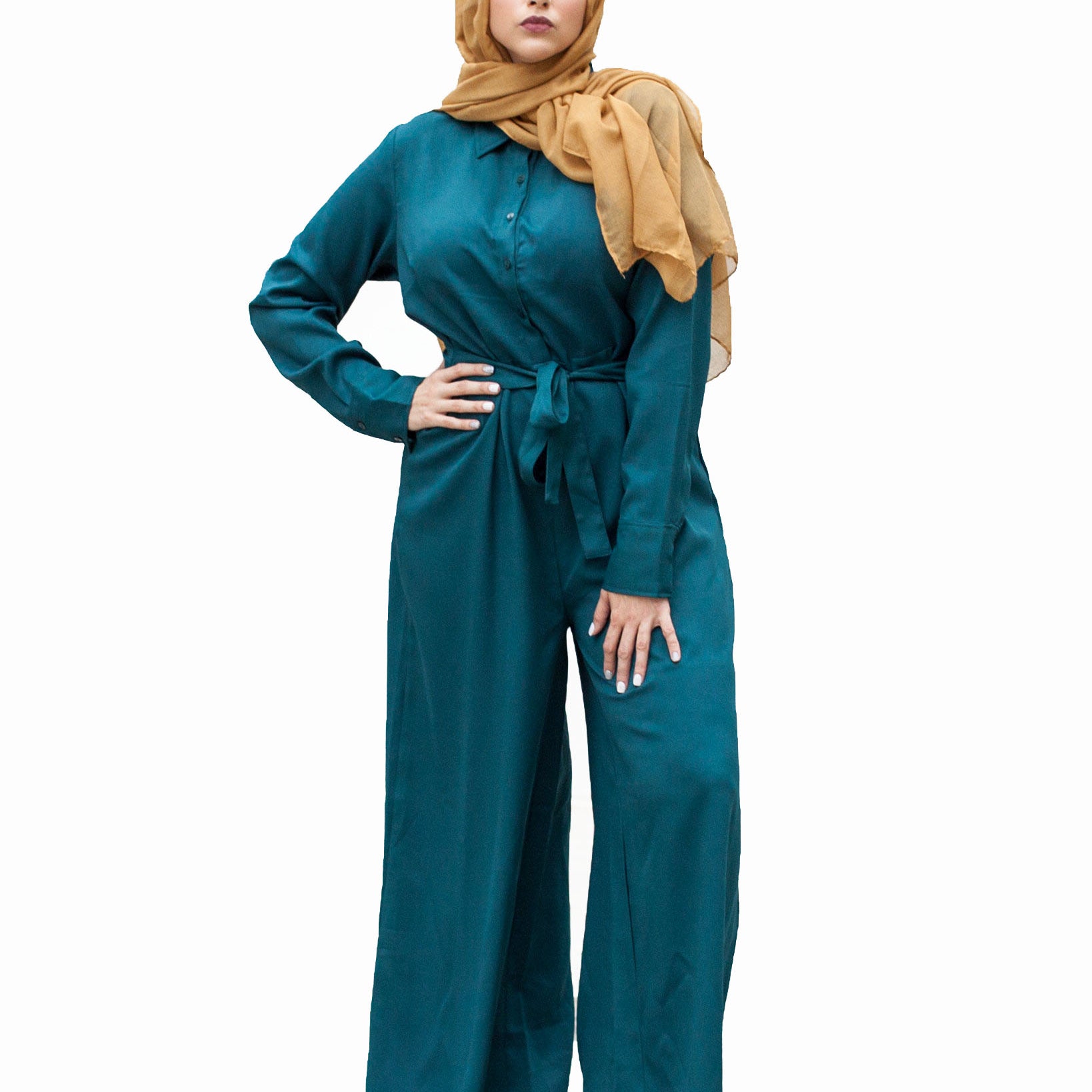 Verona Collection Women Wide Leg Modest Jumpsuit Hunter Green
