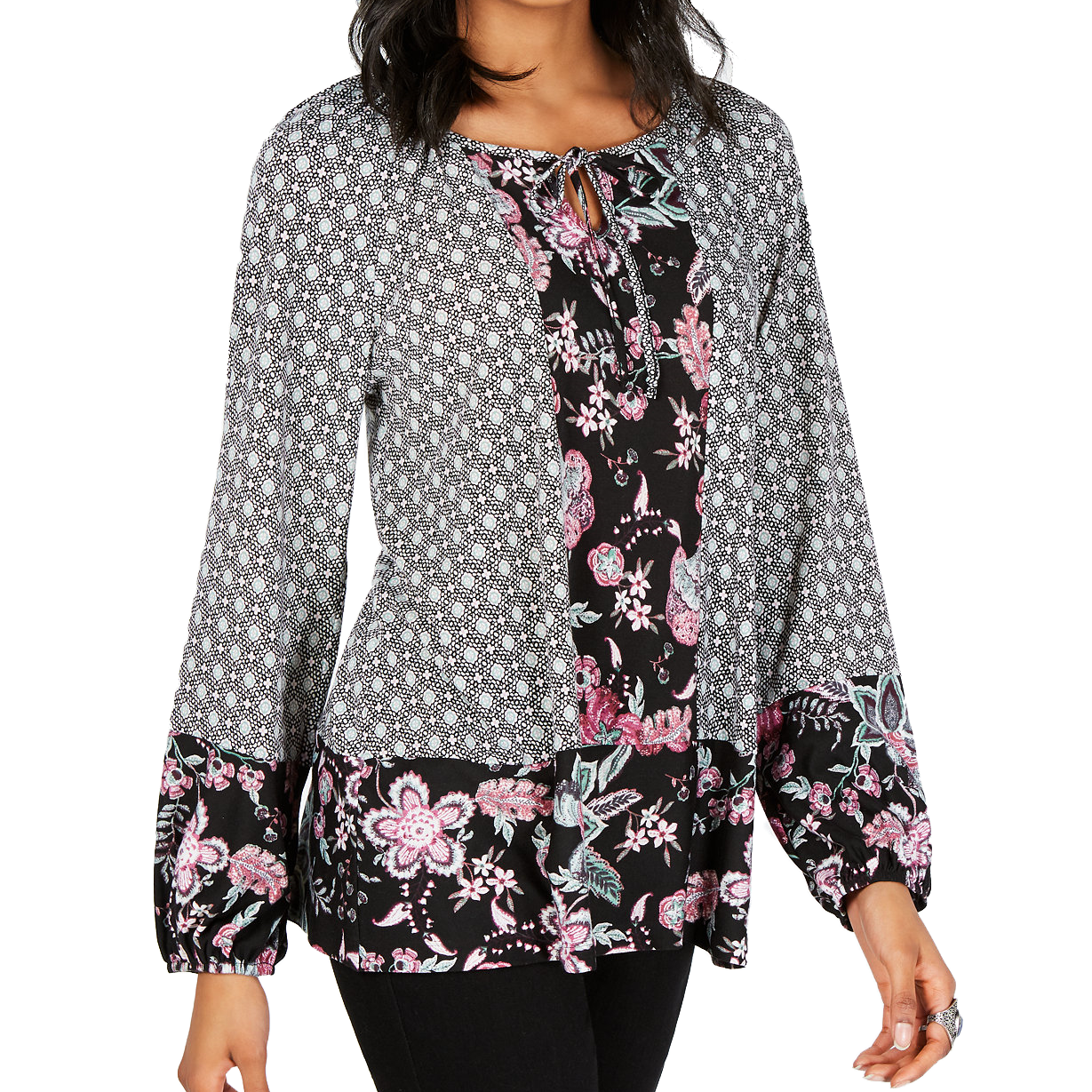 Style & Co Women Printed Peasant Top Beautiful View Black