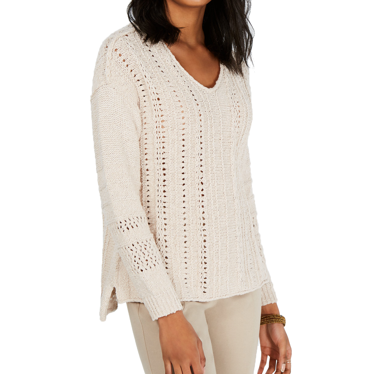 Style & Co Women V Neck Pointelle Sweater River Rock