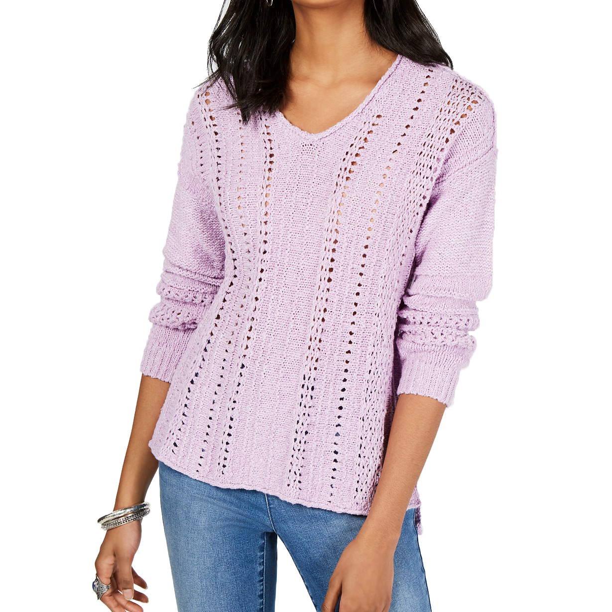 Style & Co Women V Neck Pointelle Sweater Lavendar Combo