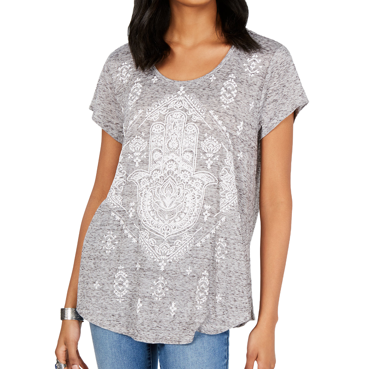 Style & Co Women Short Sleeve Printed Scoopneck Graphic T Shirt Structural Hamsa