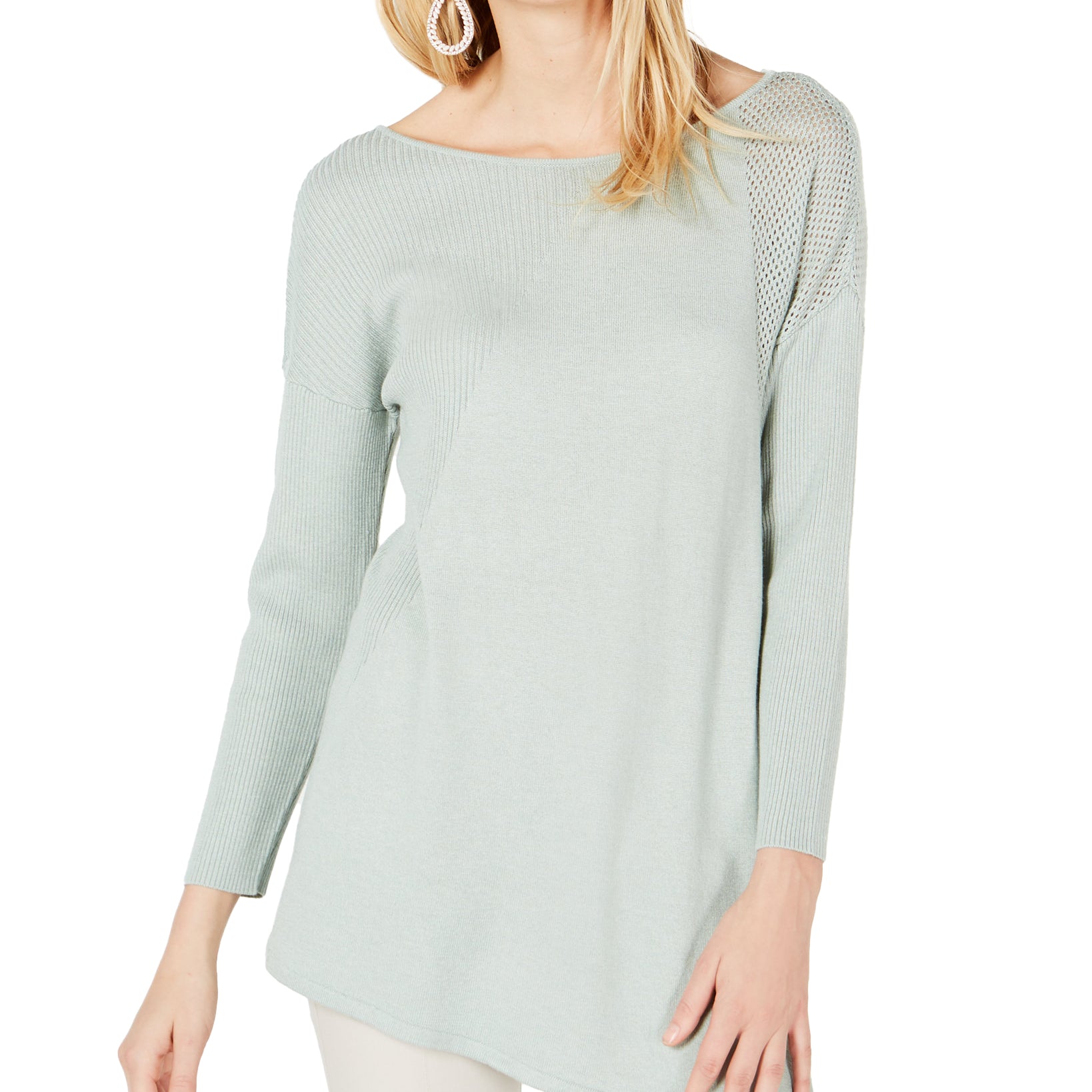 INC International Concepts Women Asymmetric Mixed Knit Sweater Green