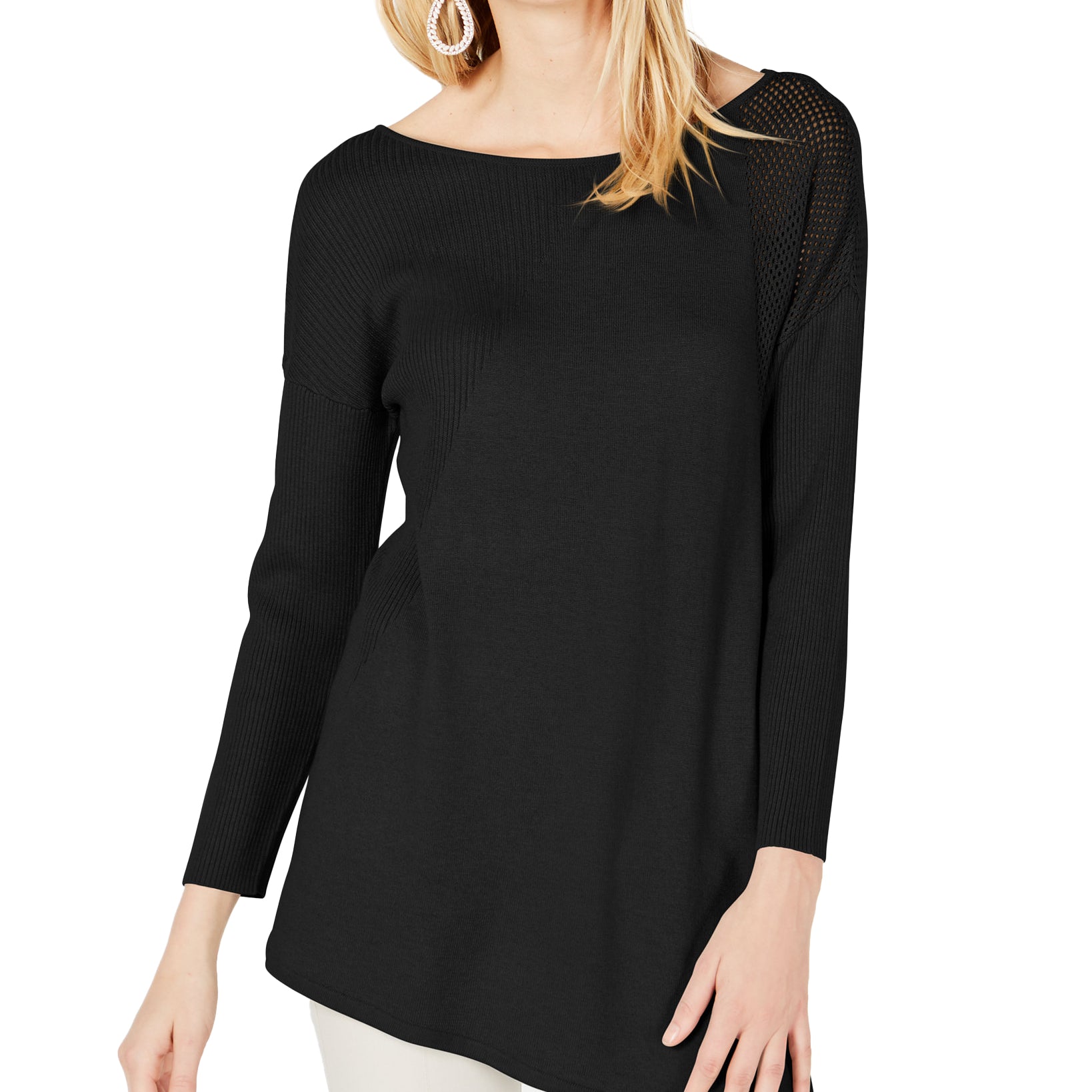INC International Concepts Women Asymmetric Mixed Knit Sweater Black