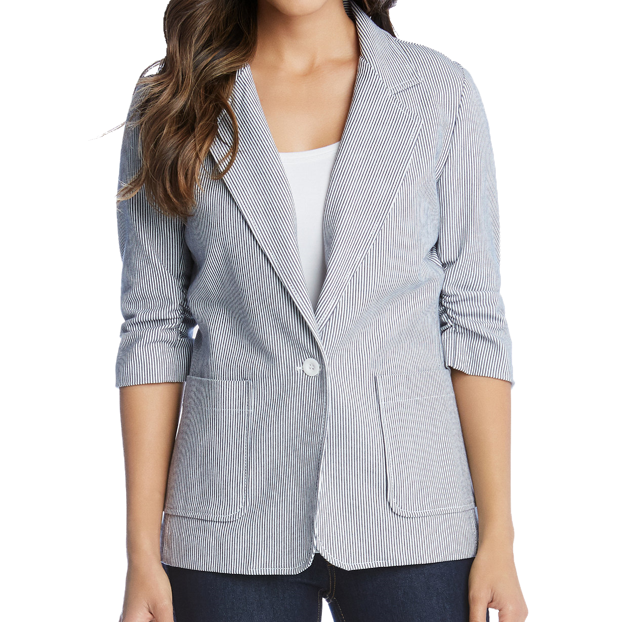 Karen Kane Women Pinstripe One Button Ruched Sleeve Blazer Stripe