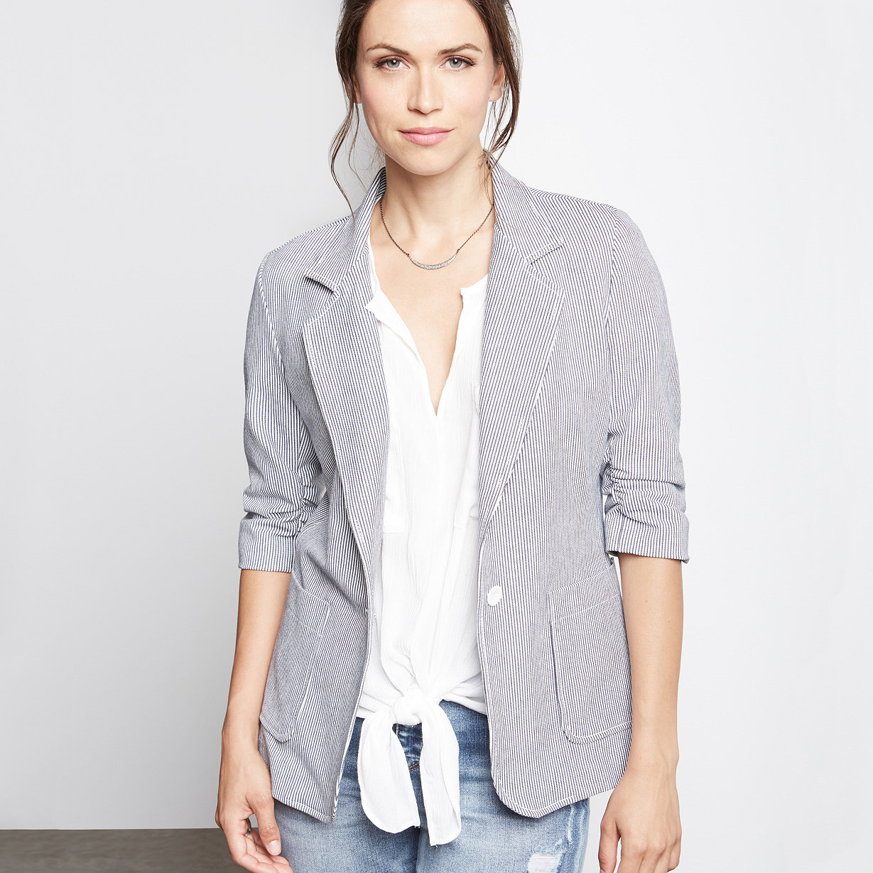 Karen Kane Women Pinstripe One Button Ruched Sleeve Blazer