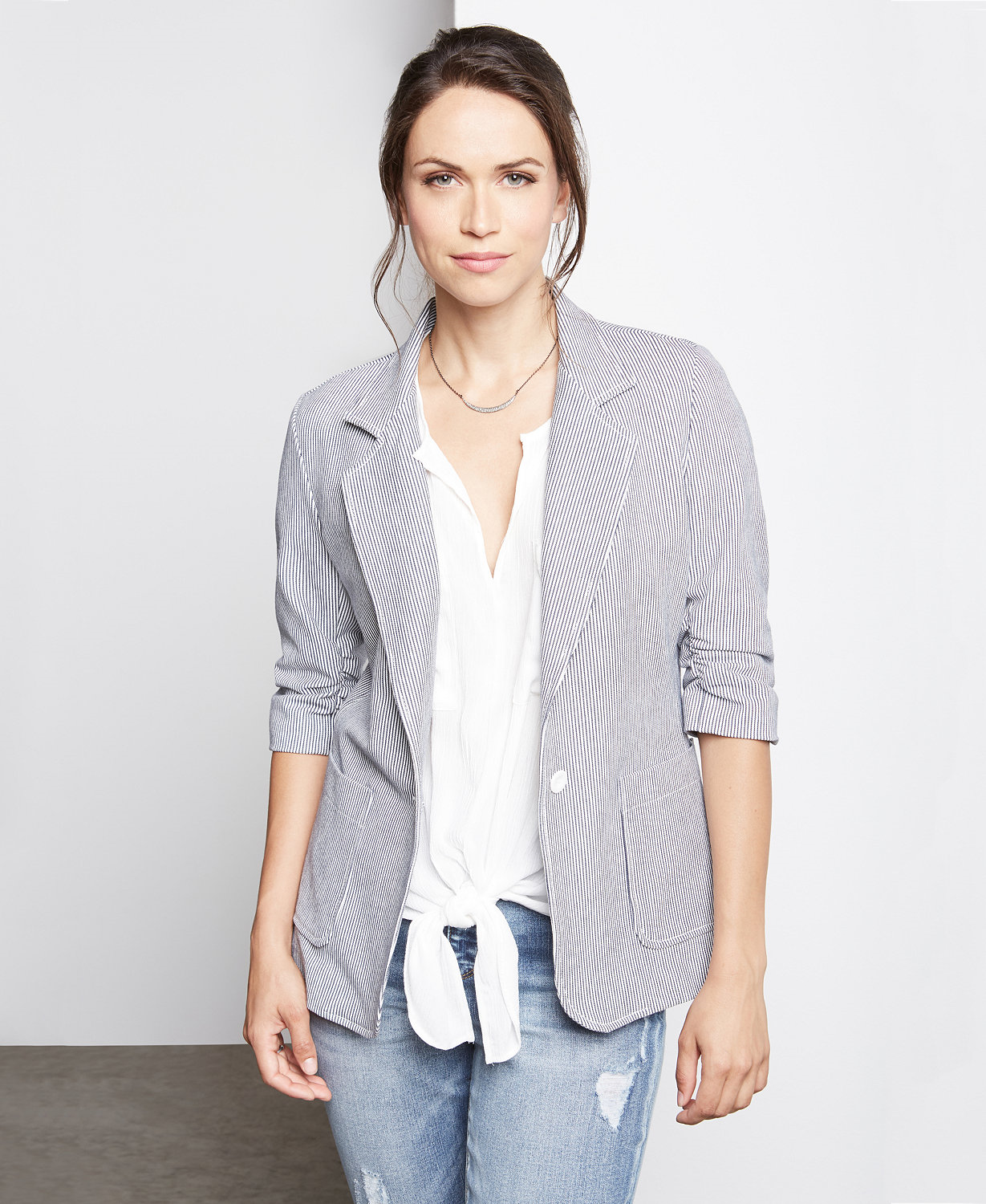 Karen Kane Women Pinstripe One Button Ruched Sleeve Blazer