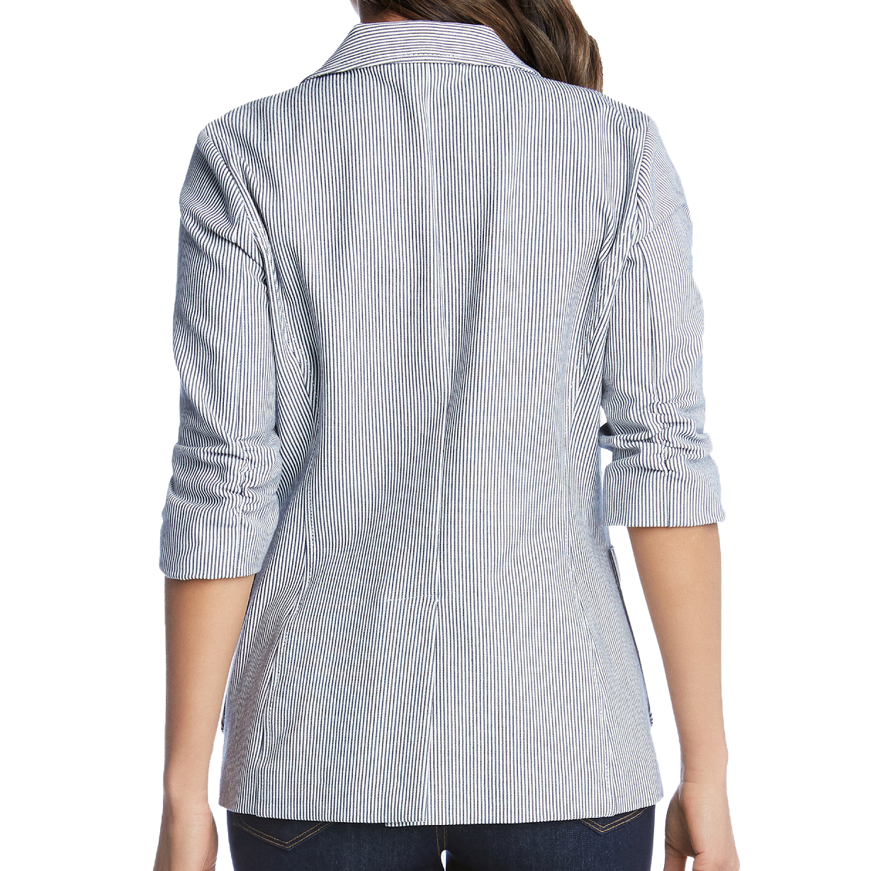 Karen Kane Women Pinstripe One Button Ruched Sleeve Blazer
