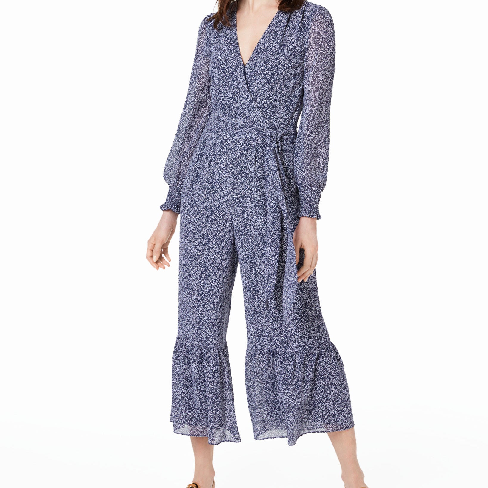 MICHAEL Michael Kors Women Micro Floral Flowy Jumpsuit True Navy White