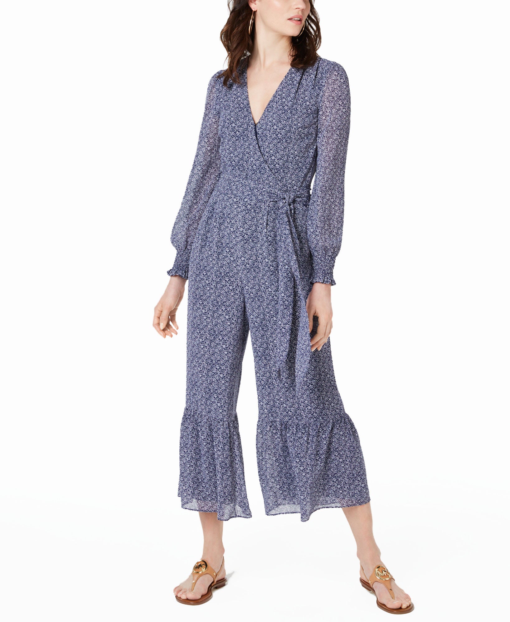 MICHAEL Michael Kors Women Micro Floral Flowy Jumpsuit True Navy White