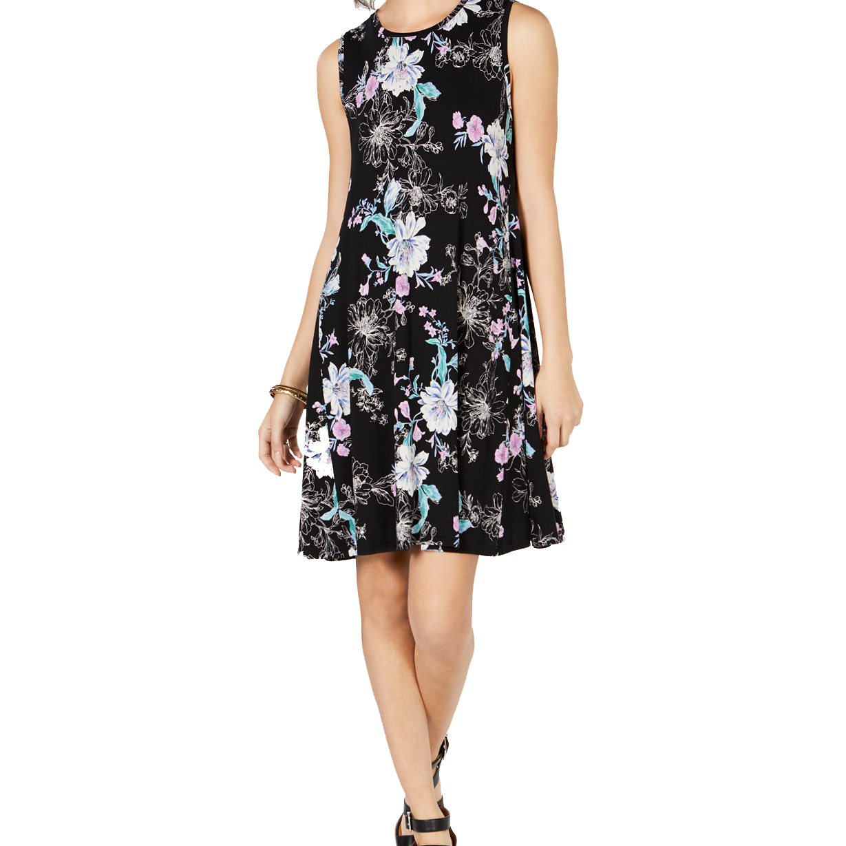 Style & Co Women Floral Print Swing Dress Black