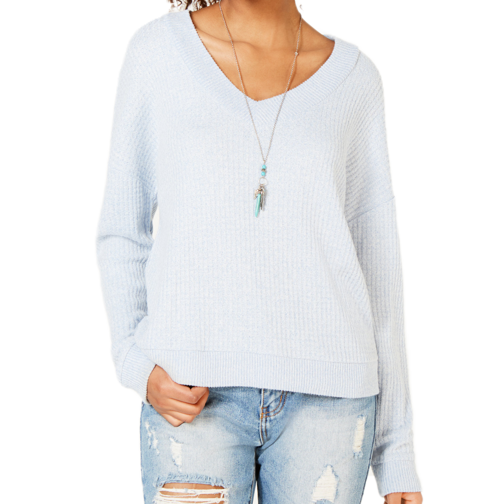Hippie Rose V Neck Waffle Knit Top Hydrangea Marled