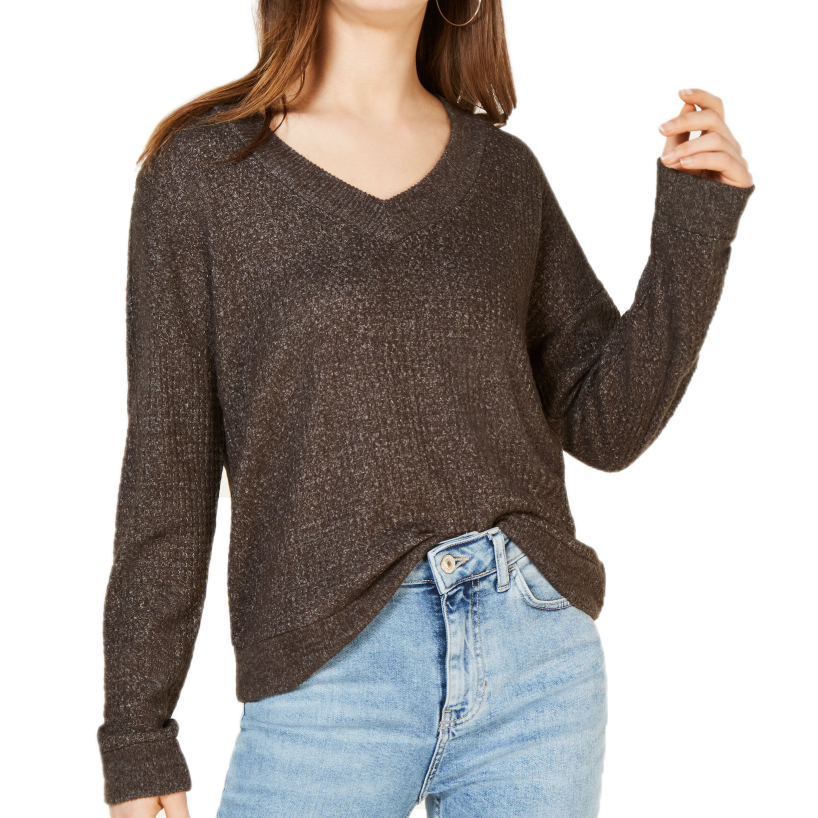 Hippie Rose V Neck Waffle Knit Top Steel Grey Marled