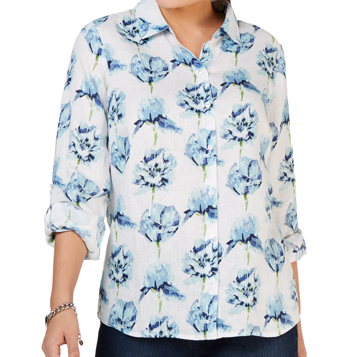 Charter Club Floral Printed Linen Shirt Bright White Combo
