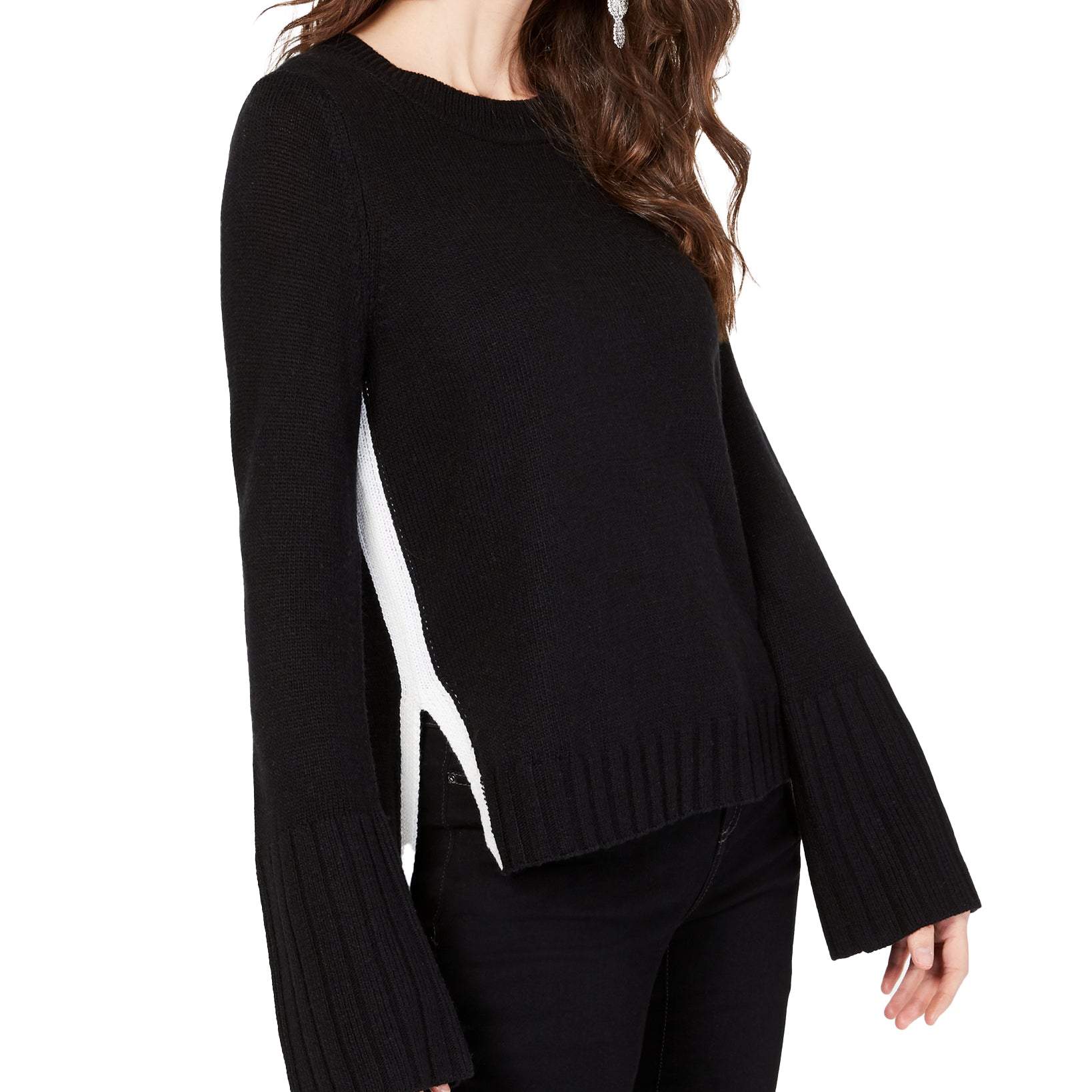 INC International Concepts Women Rib Cuff Pullover Sweater Deep Black