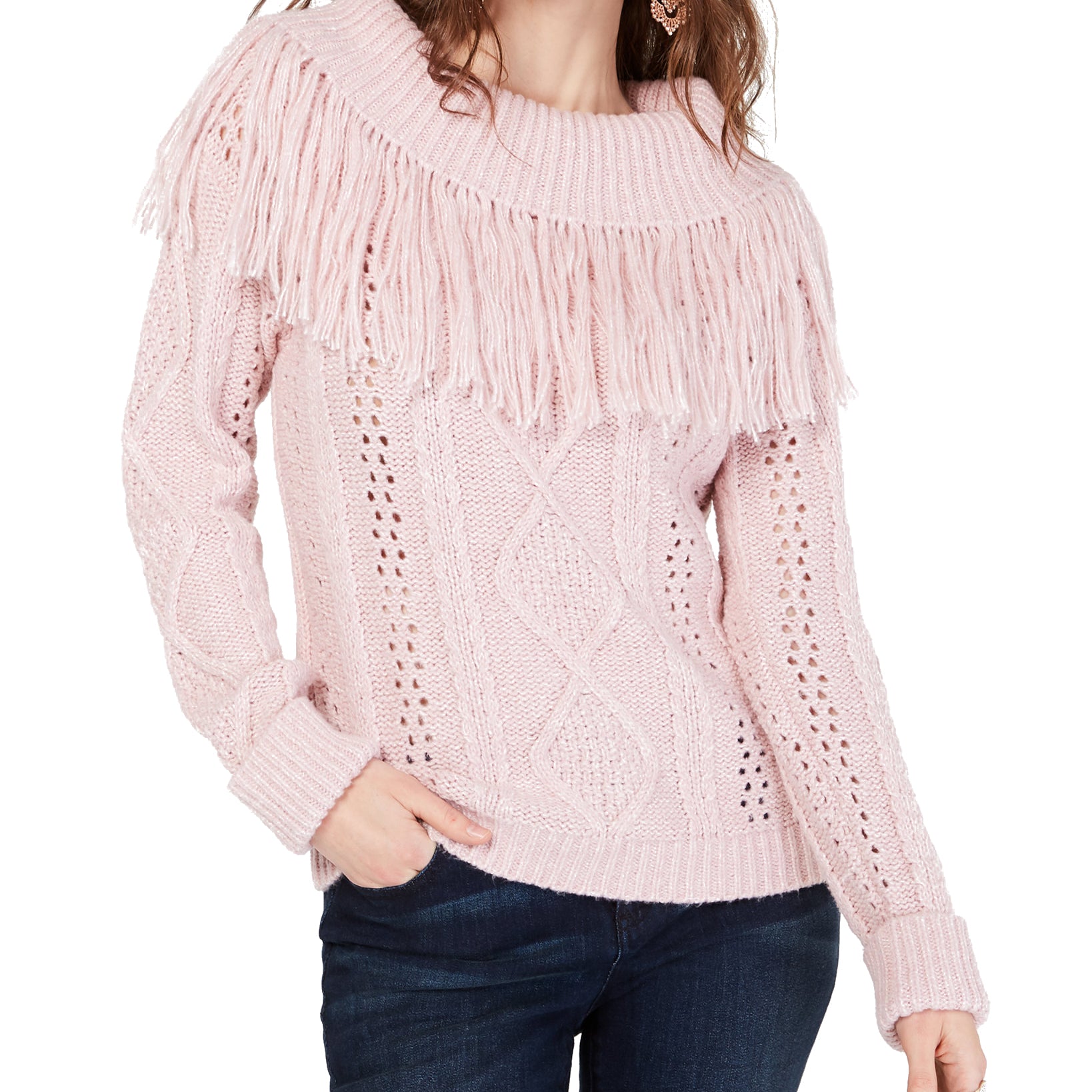 INC International Concepts Women Fringe Trim Cowlneck Sweater Pale Mauve