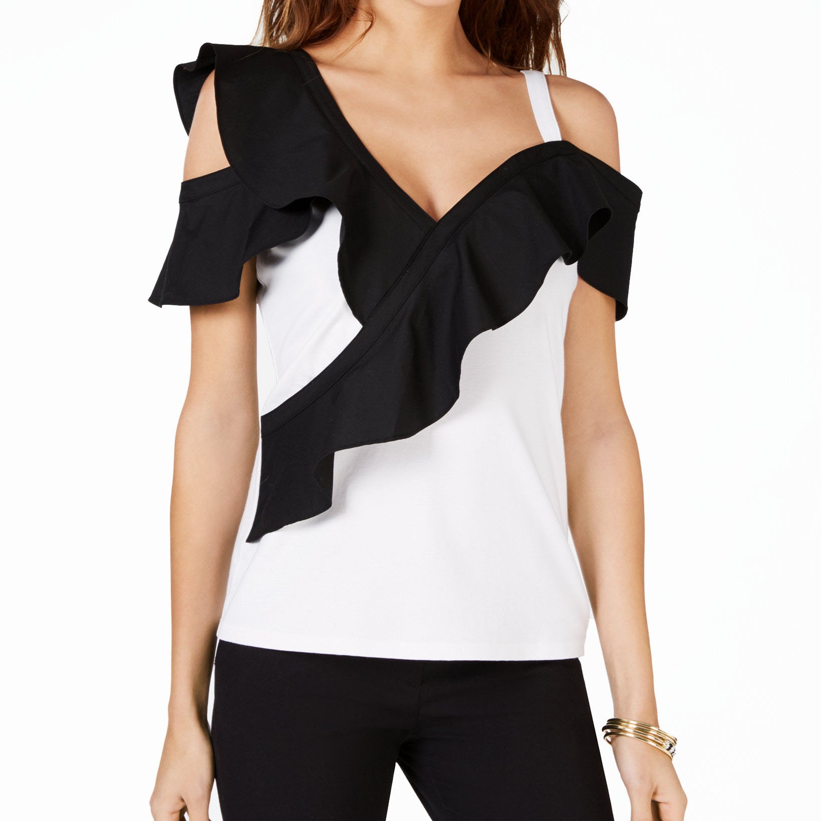 INC International Concepts Women Colorblocked Ruffle Cold Shoulder Top Bright White