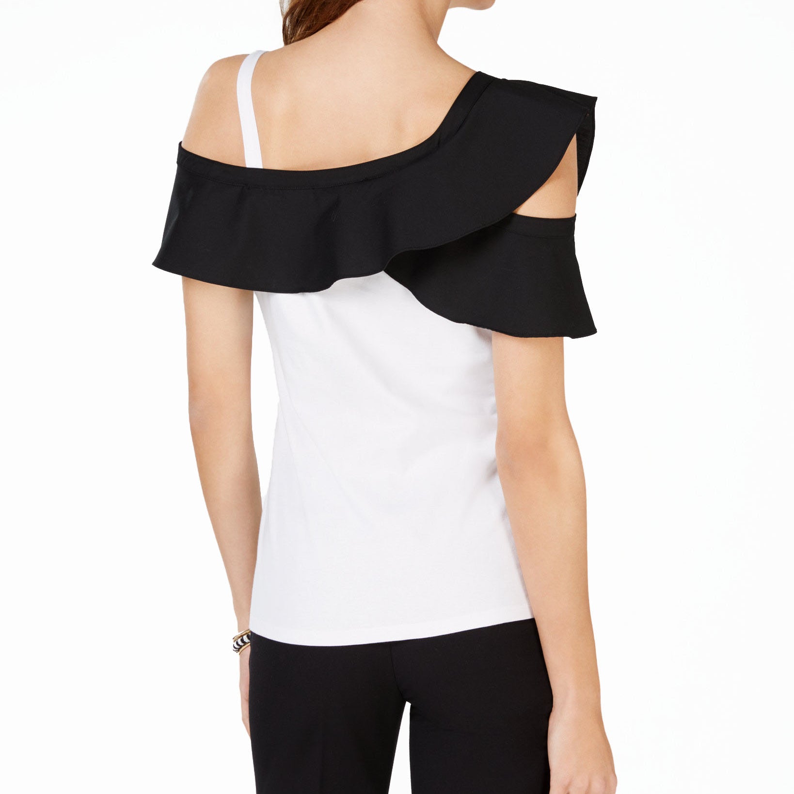 INC International Concepts Women Colorblocked Ruffle Cold Shoulder Top