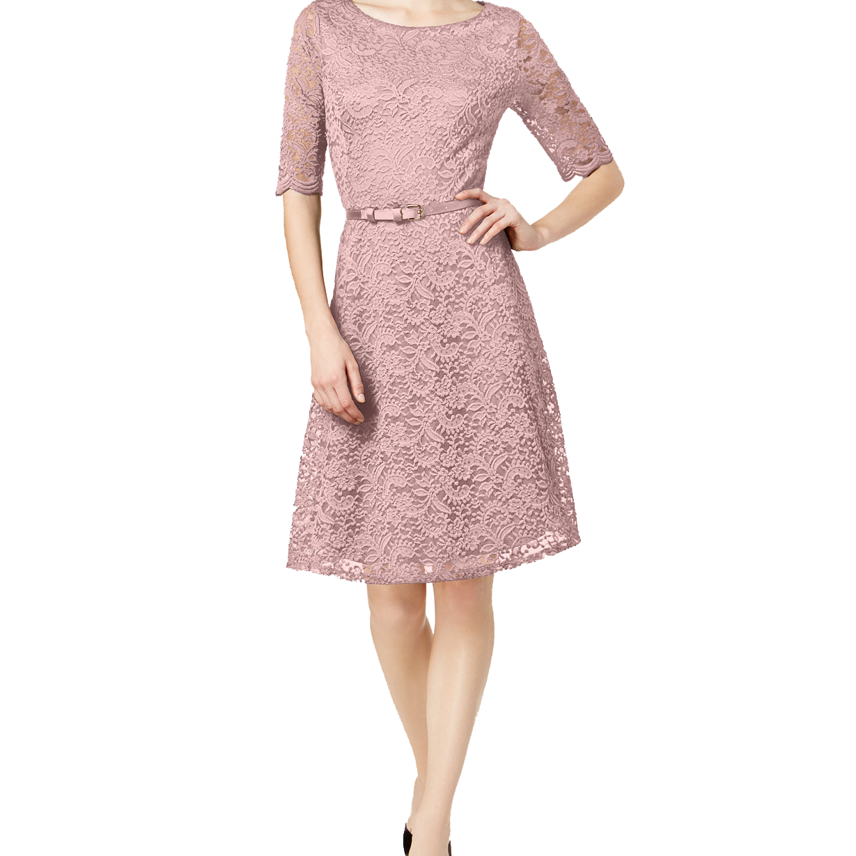 Charter Club Women Petite Belted Lace Dress Misty Pink