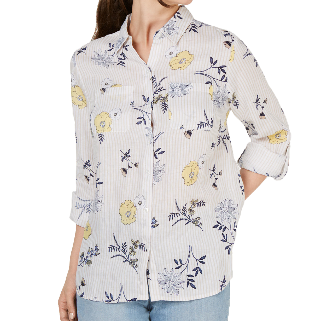 Charter Club Women Linen Floral Print Utility Shirt Lemon Spritz Combo